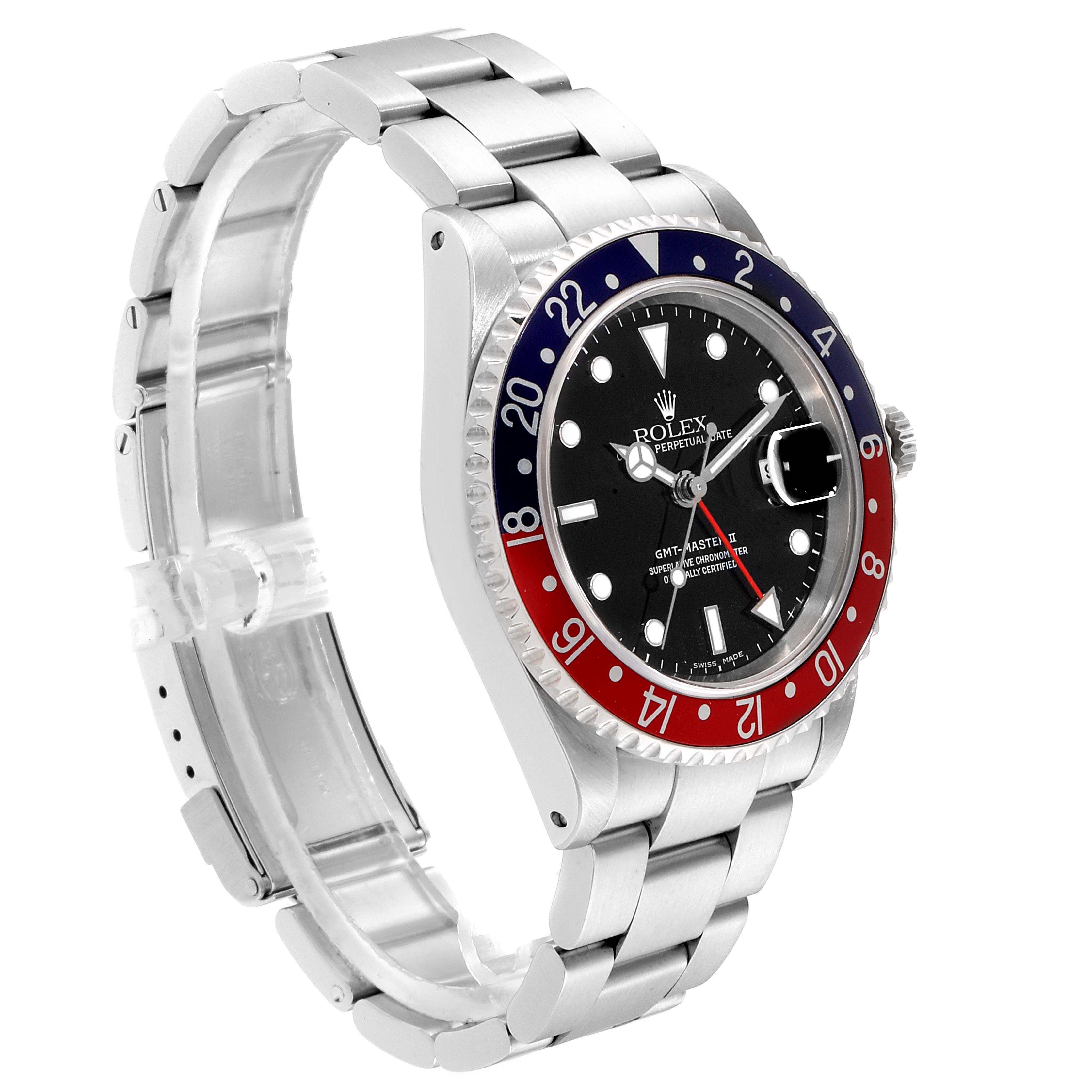 The Rolex GMT-Master 16710 Men's Stainless Steel Black Dial 16710 Men's Stainless Steel Black Dial watch is shown from an angled side view, displaying its face, bezel, and metal bracelet.