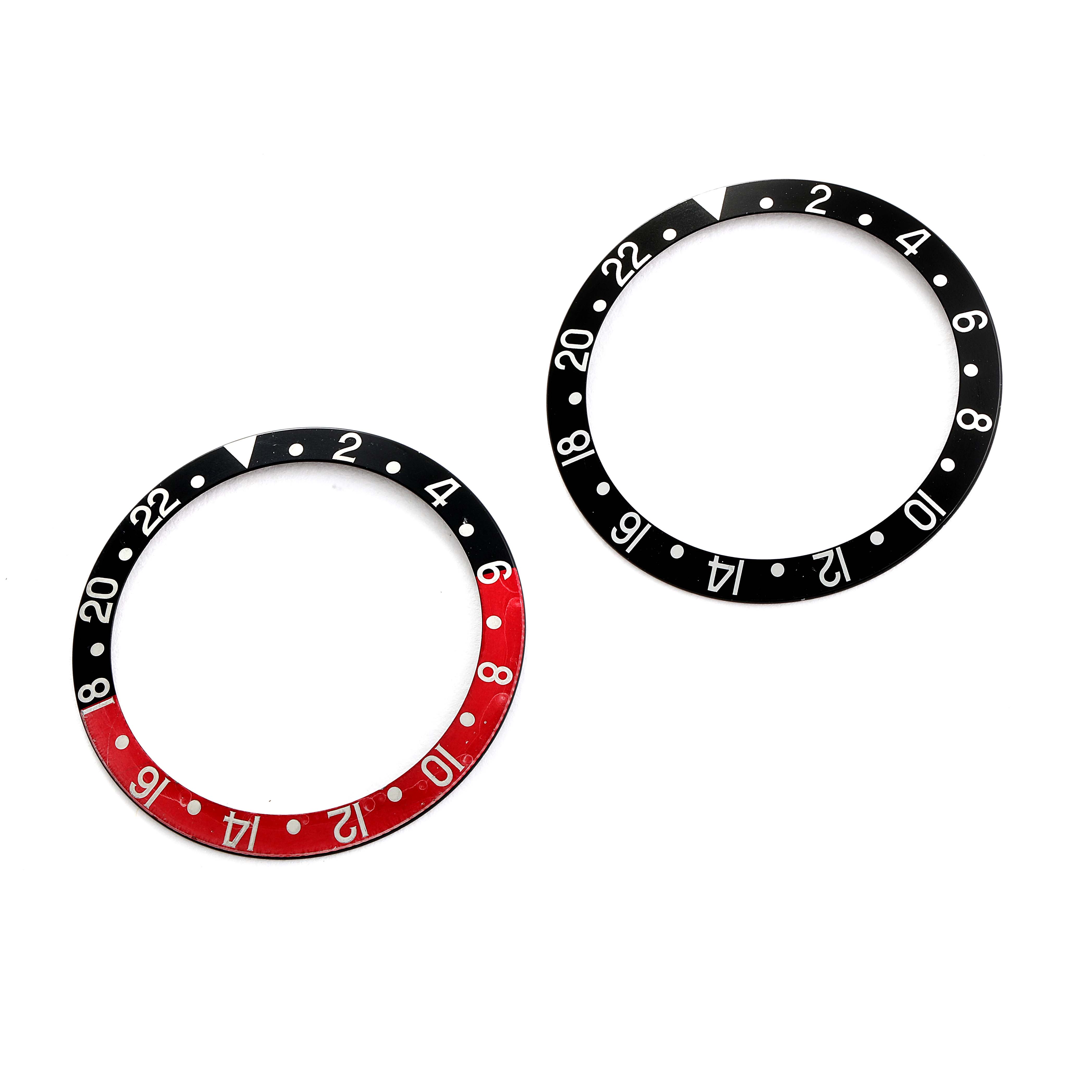 The image shows two bezels for the Rolex GMT-Master 16710 Men's Stainless Steel Black Dial 16710 Men's Stainless Steel Black Dial, one in black-red and the other in black.
