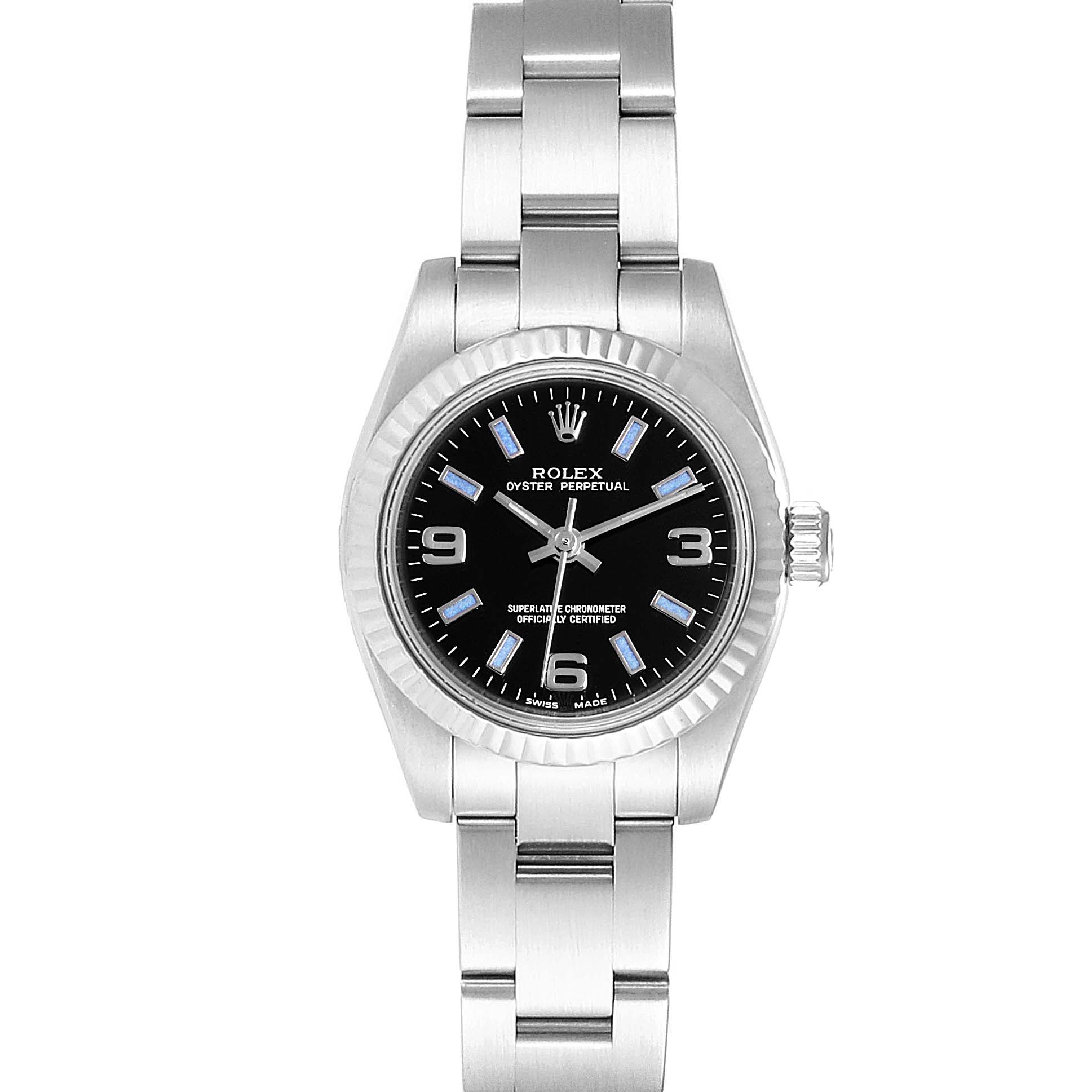 This image shows the front view of a Rolex Oyster Perpetual 176234 Women
s Stainless Steel Black Dial 176234 Women
s Stainless Steel Black Dial watch, highlighting its dial, bezel, and bracelet.
