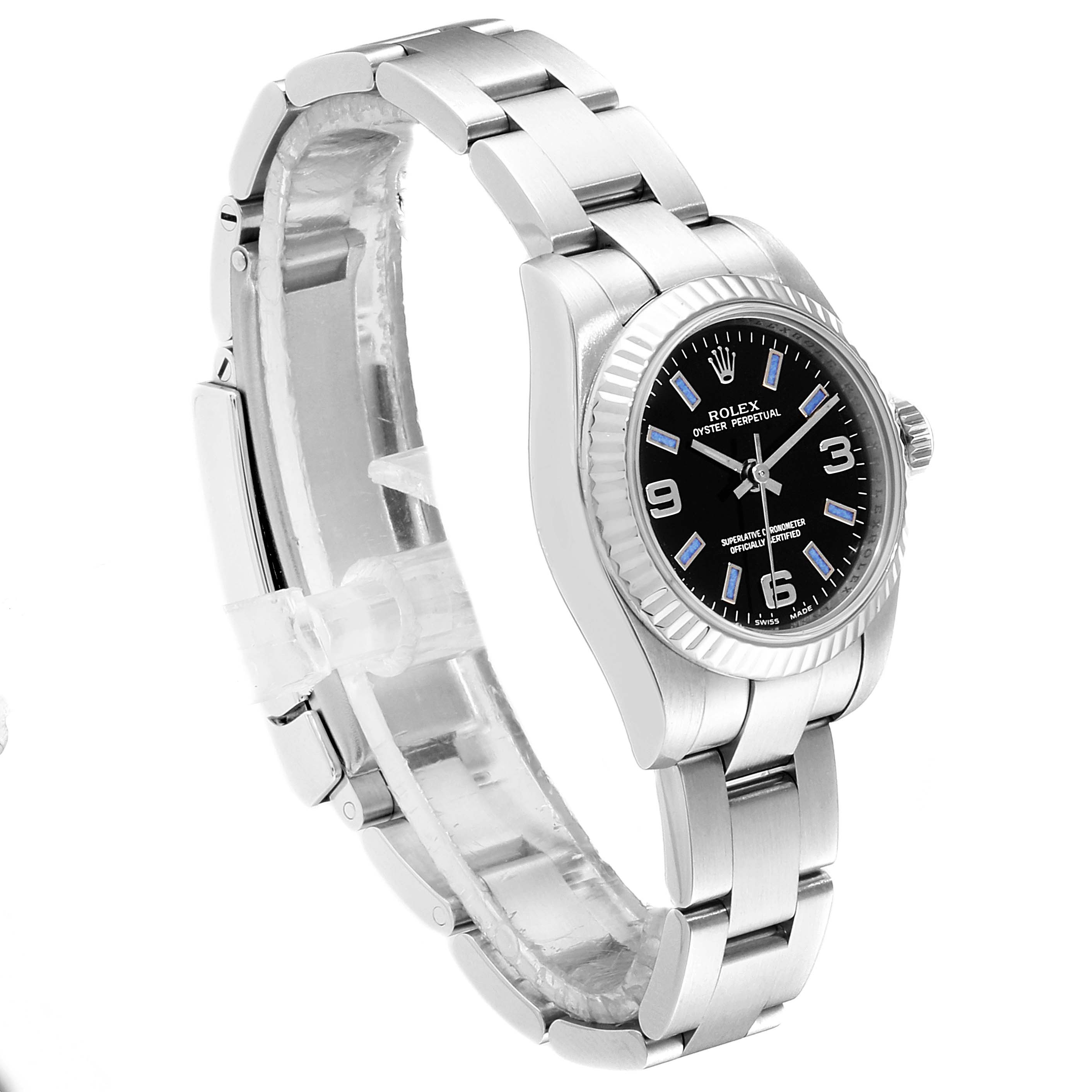 This image shows a side and front angle of a Rolex Oyster Perpetual 176234 Women
s Stainless Steel Black Dial 176234 Women
s Stainless Steel Black Dial watch, displaying its bracelet, case, and dial.