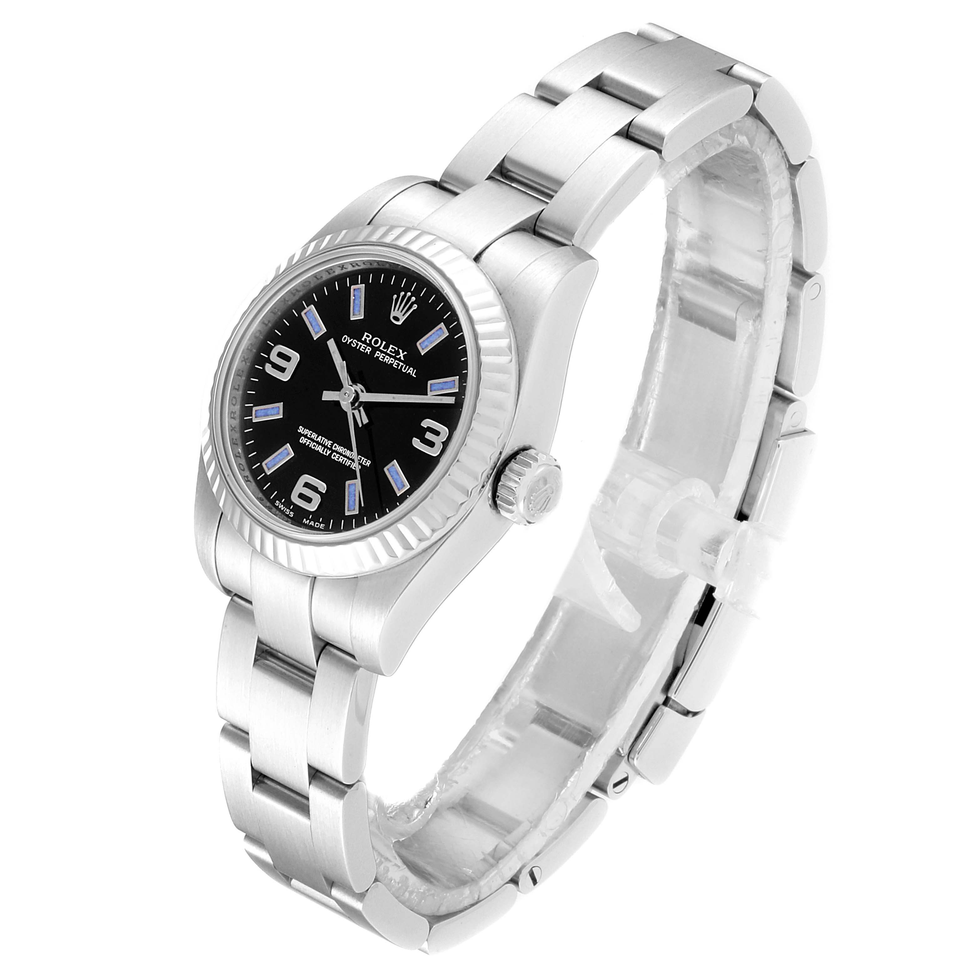 The image shows a Rolex Oyster Perpetual 176234 Women
s Stainless Steel Black Dial 176234 Women
s Stainless Steel Black Dial watch, viewed from an angled side perspective, displaying the dial, bezel, crown, and bracelet.