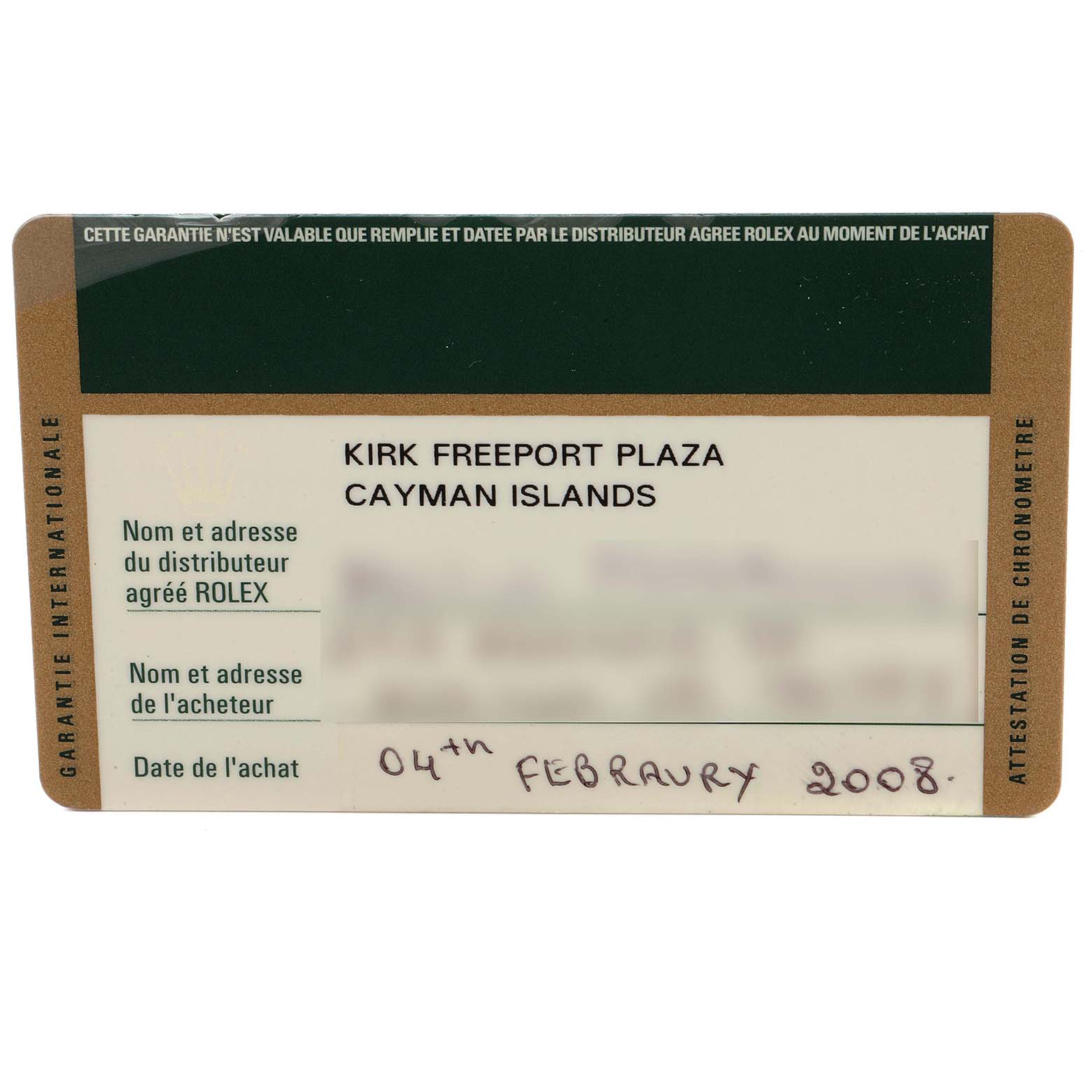 The image shows a warranty card for a Rolex Oyster Perpetual 176234 Women
s Stainless Steel Black Dial 176234 Women
s Stainless Steel Black Dial watch from an overhead angle.