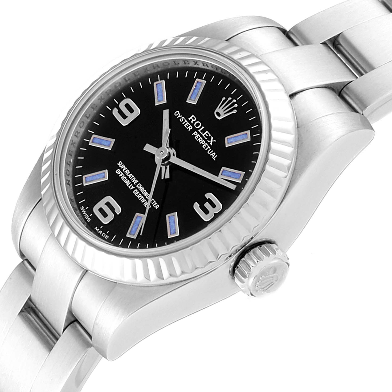 This image shows a Rolex Oyster Perpetual 176234 Women
s Stainless Steel Black Dial 176234 Women
s Stainless Steel Black Dial watch at an angled view, highlighting the black dial, fluted bezel, crown, and part of the bracelet.