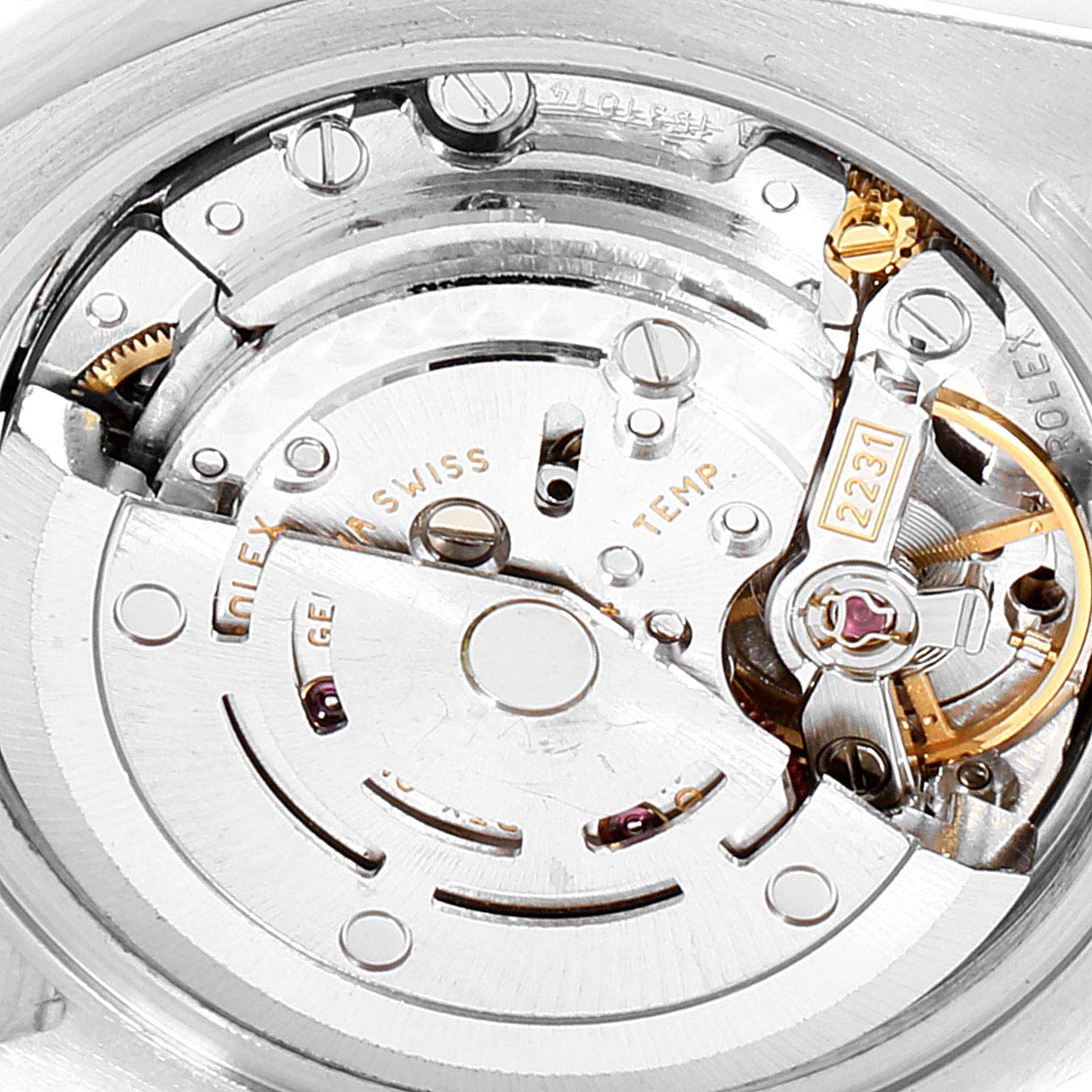 The image shows a close-up of the Rolex Oyster Perpetual 176234 Women
s Stainless Steel Black Dial 176234 Women
s Stainless Steel Black Dial watch
s intricate mechanical movement from the back.