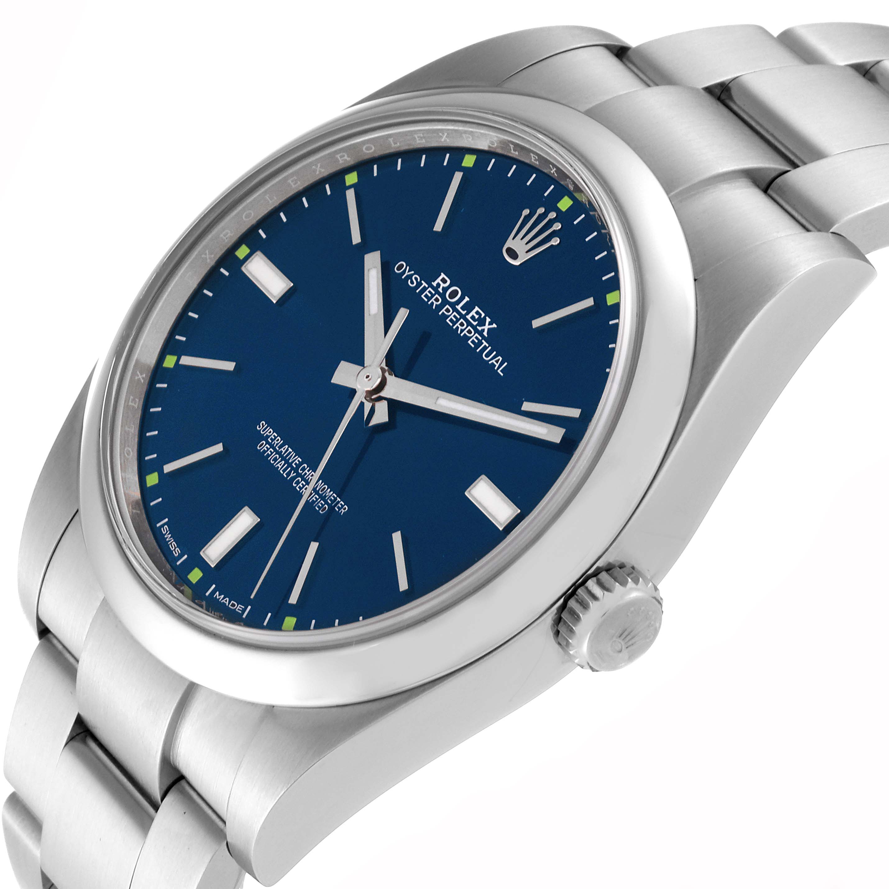 The image shows a side angle of the Rolex Oyster Perpetual 114300 Men's Stainless Steel Blue Dial 114300 Men's Stainless Steel Blue Dial watch, highlighting the dial, crown, and bracelet.