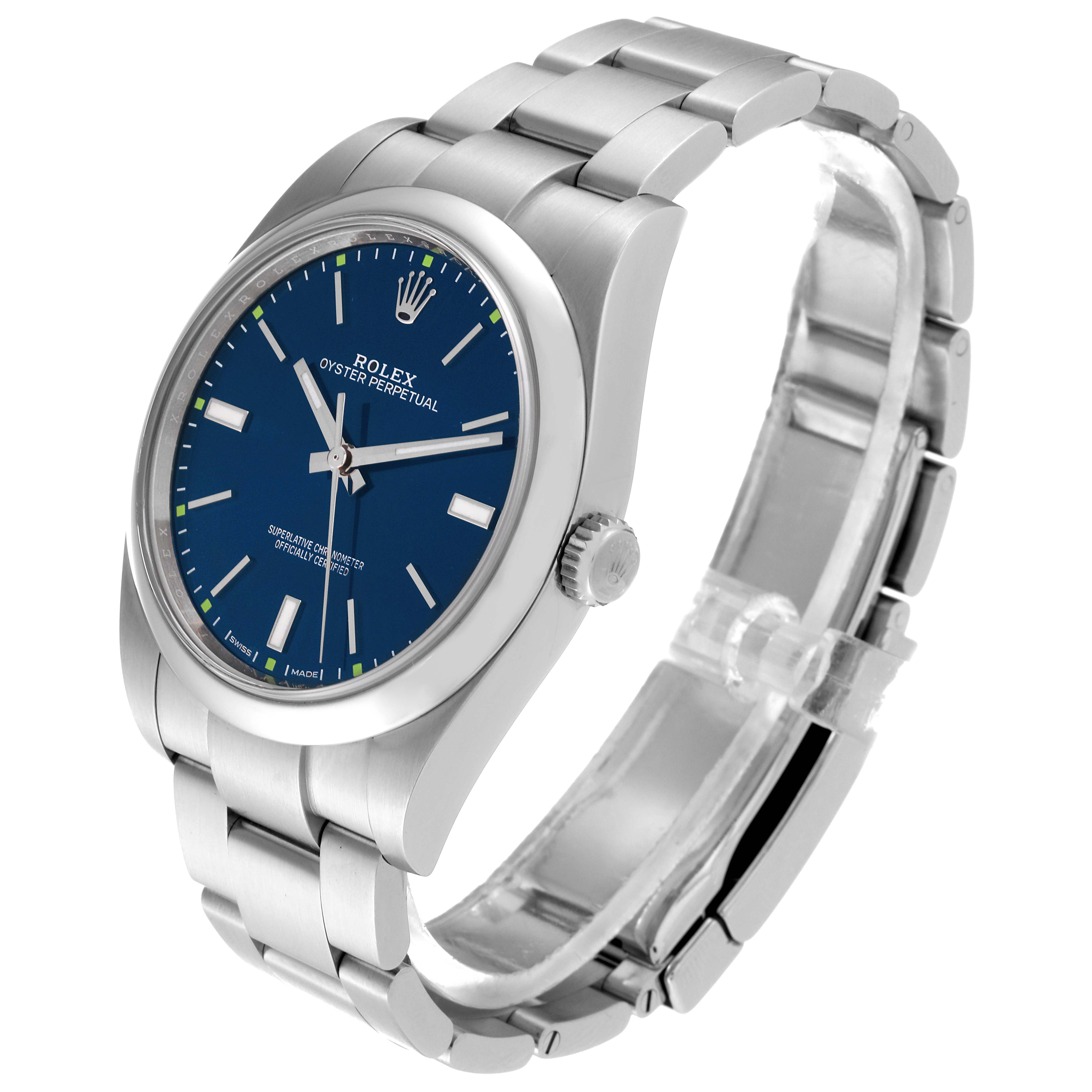 The image shows a side and front angle of the Rolex Oyster Perpetual 114300 Men's Stainless Steel Blue Dial 114300 Men's Stainless Steel Blue Dial watch, highlighting its blue dial and bracelet.