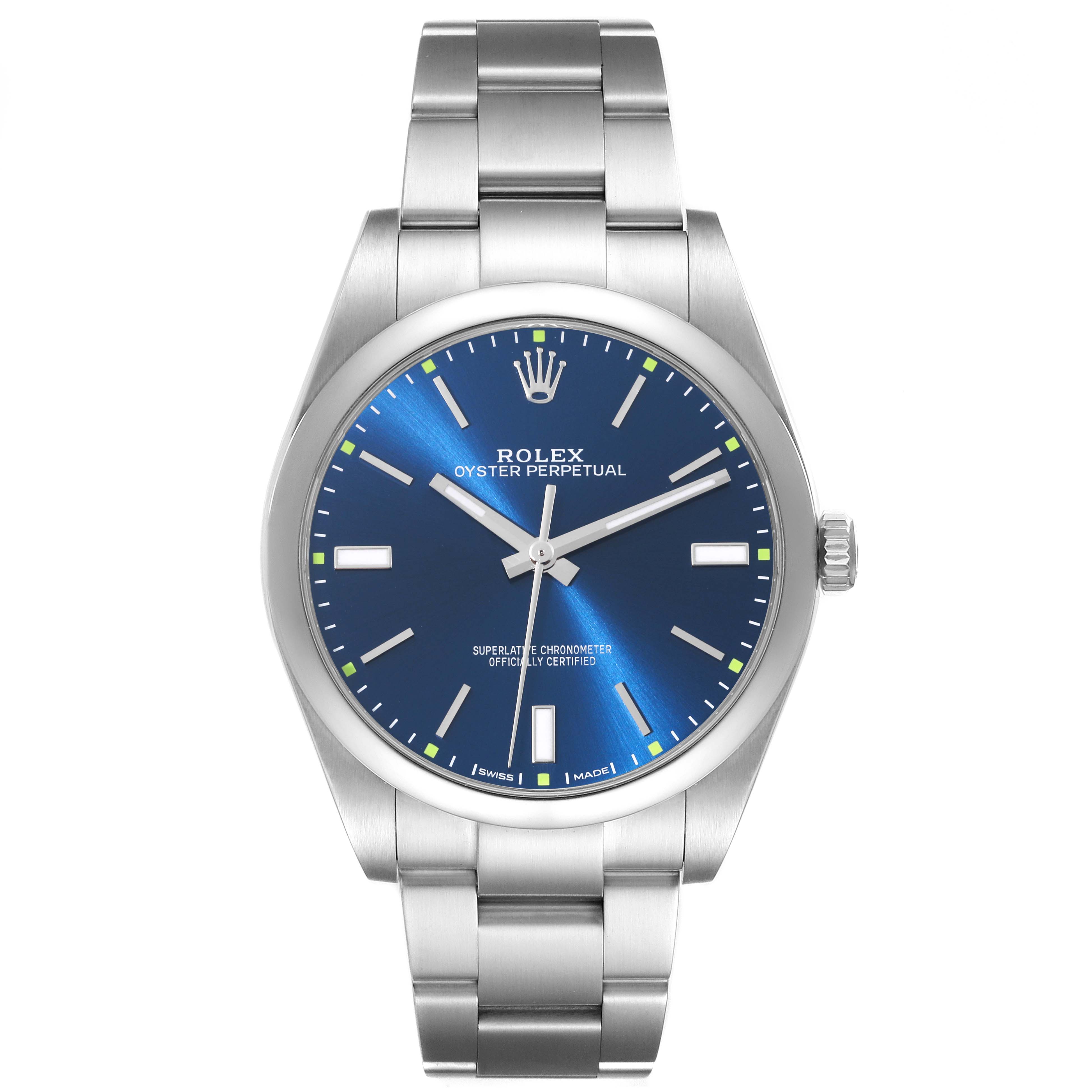 The image shows a front view of a Rolex Oyster Perpetual 114300 Men's Stainless Steel Blue Dial 114300 Men's Stainless Steel Blue Dial watch featuring a blue dial and stainless steel bracelet.