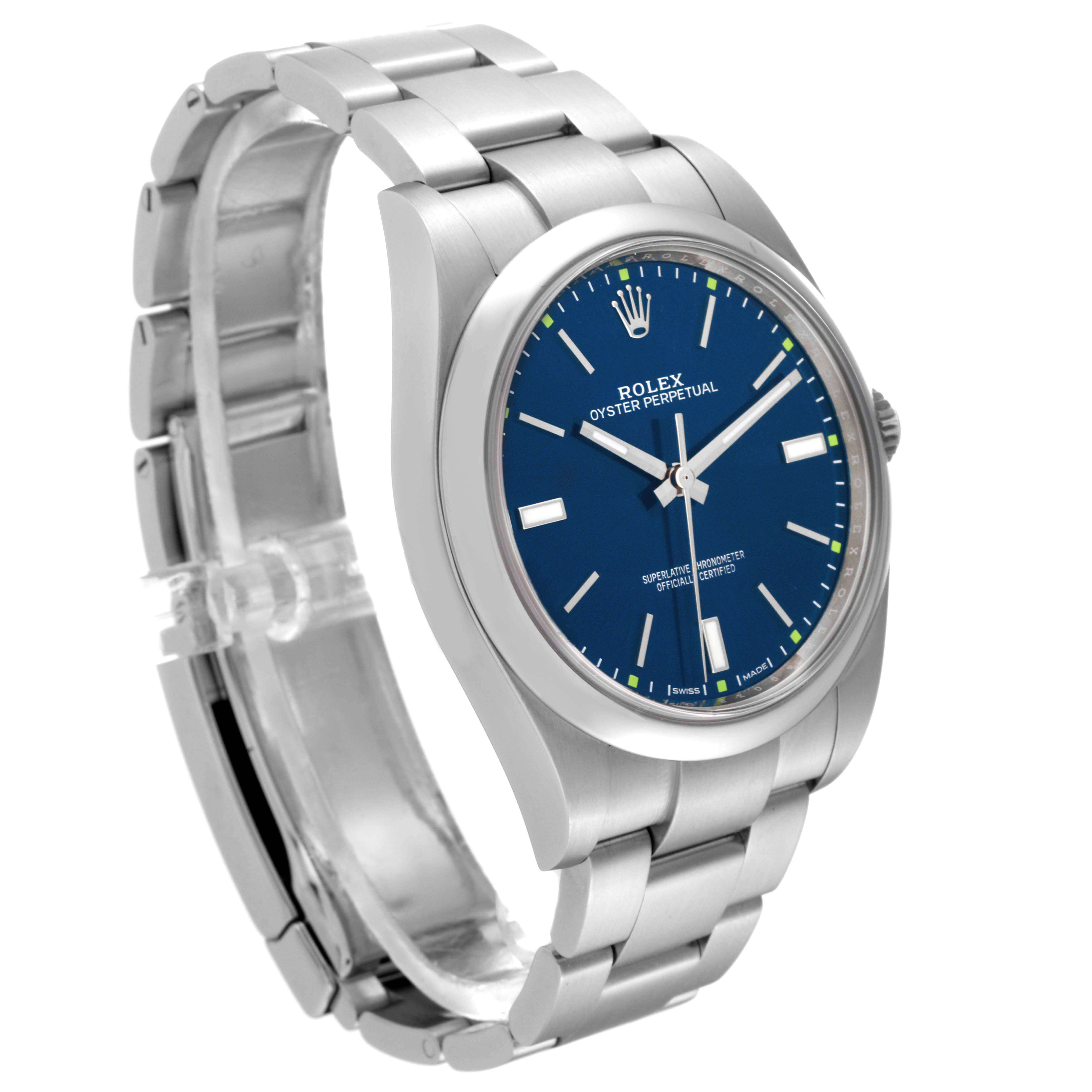 The Rolex Oyster Perpetual 114300 Men's Stainless Steel Blue Dial 114300 Men's Stainless Steel Blue Dial watch is shown from a front-left angle, highlighting its blue dial and stainless steel bracelet.