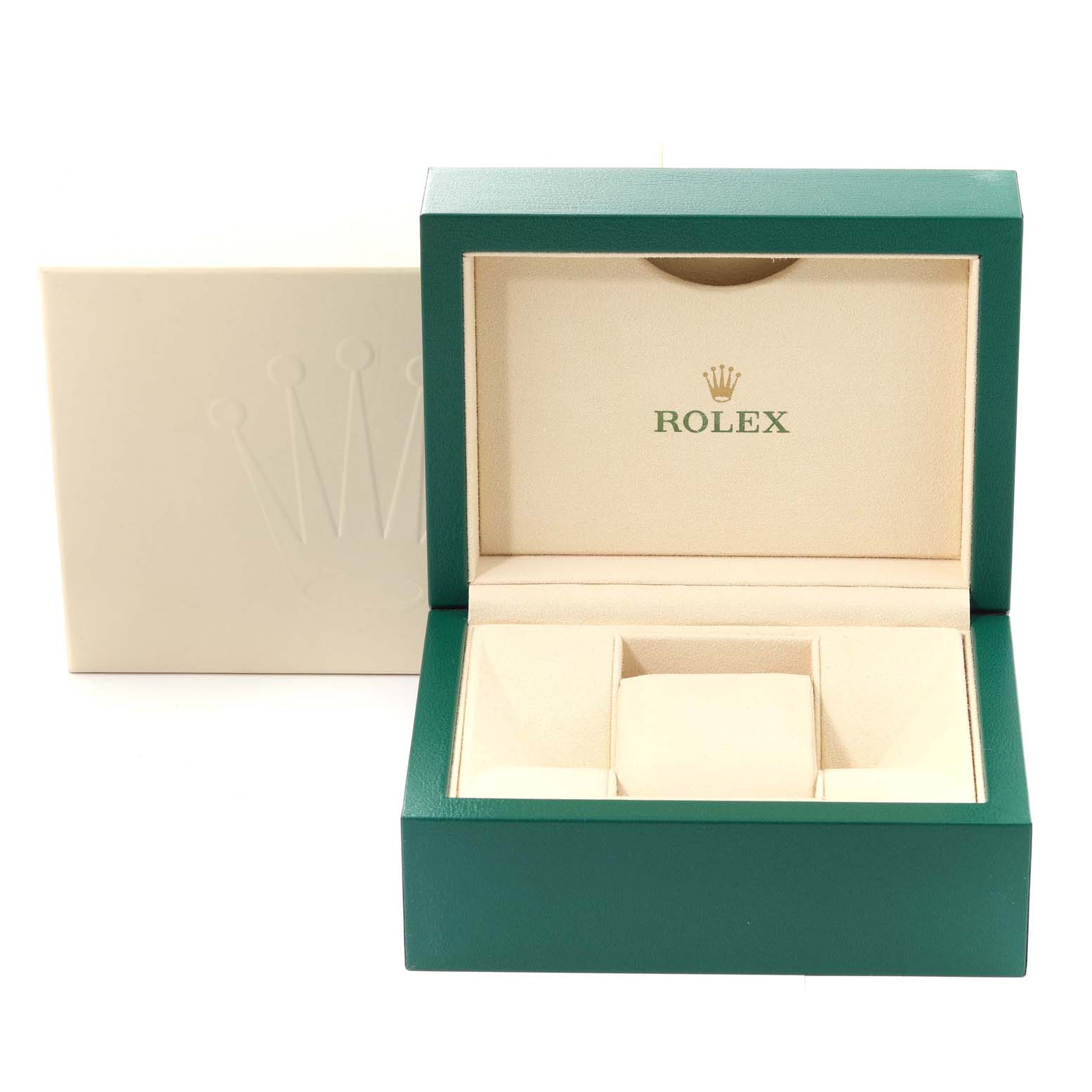 The image shows an open green and beige Rolex watch box, labeled for an Oyster Perpetual model, with the outer box visible behind it.