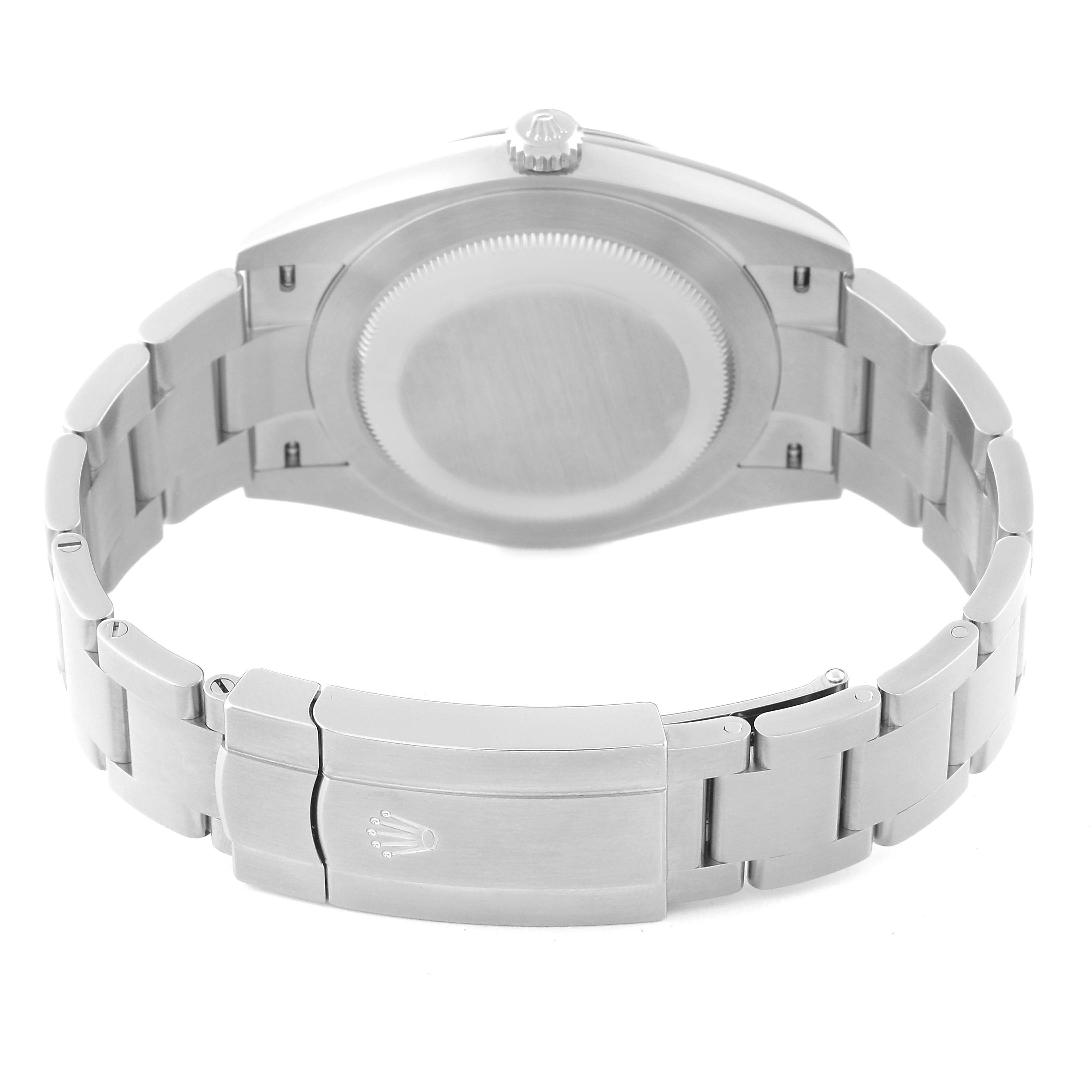 This image shows the back angle of a Rolex Oyster Perpetual 124300 Men's Stainless Steel Silver Dial 124300 Men's Stainless Steel Silver Dial watch, focusing on its closed case back and stainless steel bracelet with clasp.