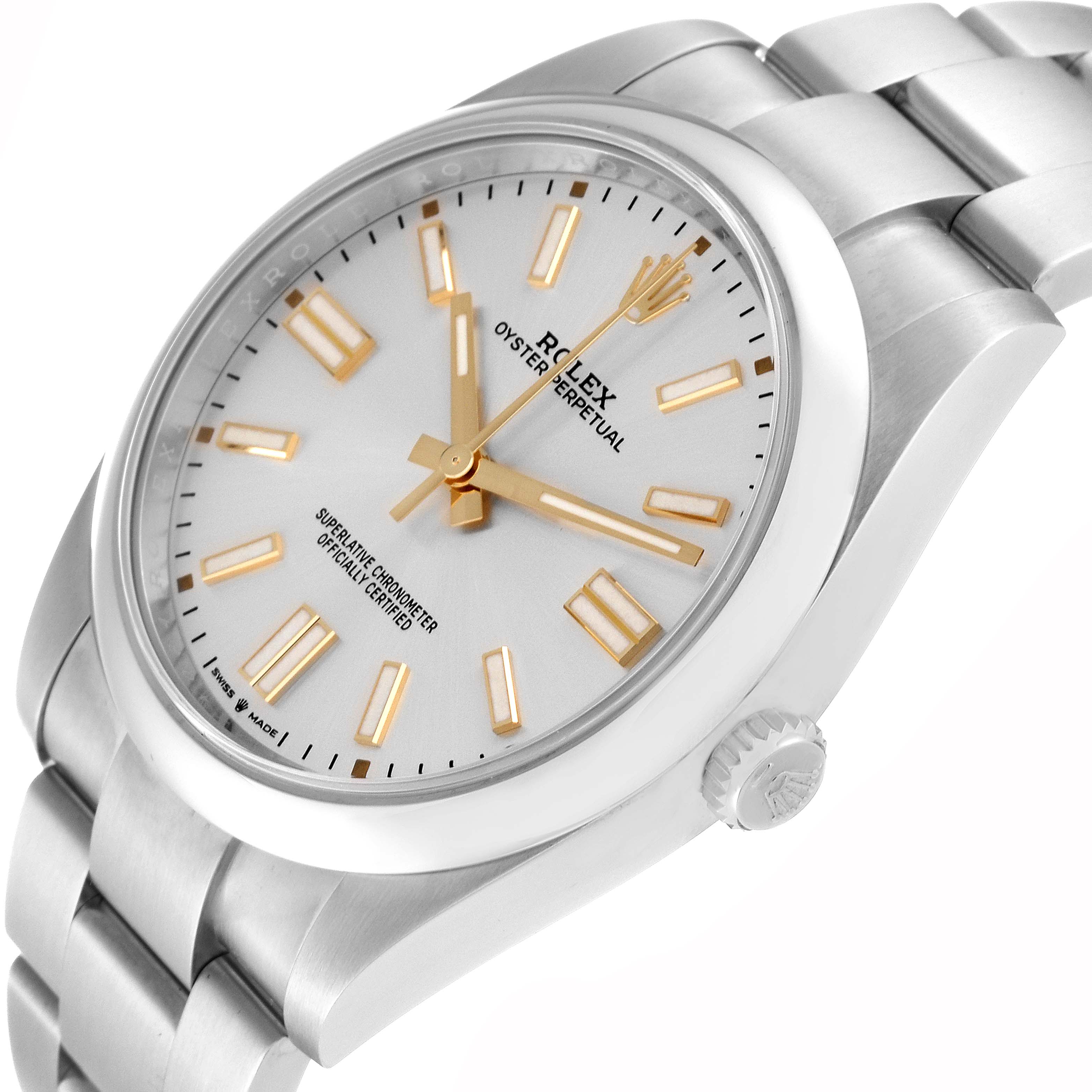The image shows a side angle of the Rolex Oyster Perpetual 124300 Men's Stainless Steel Silver Dial 124300 Men's Stainless Steel Silver Dial watch, highlighting its dial, hands, and bracelet.