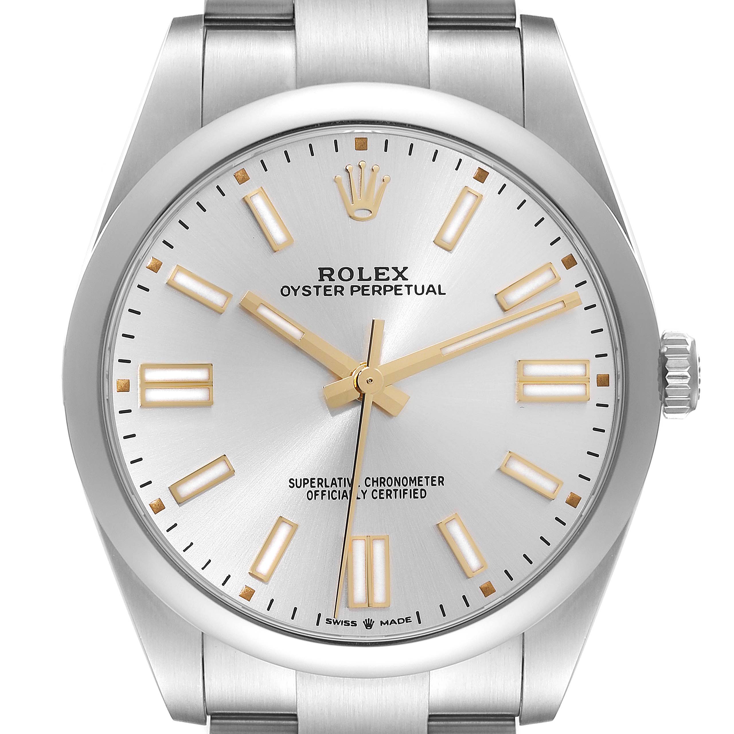 The image shows a front view of a Rolex Oyster Perpetual 124300 Men's Stainless Steel Silver Dial 124300 Men's Stainless Steel Silver Dial watch, highlighting the dial, hands, and part of the bracelet.