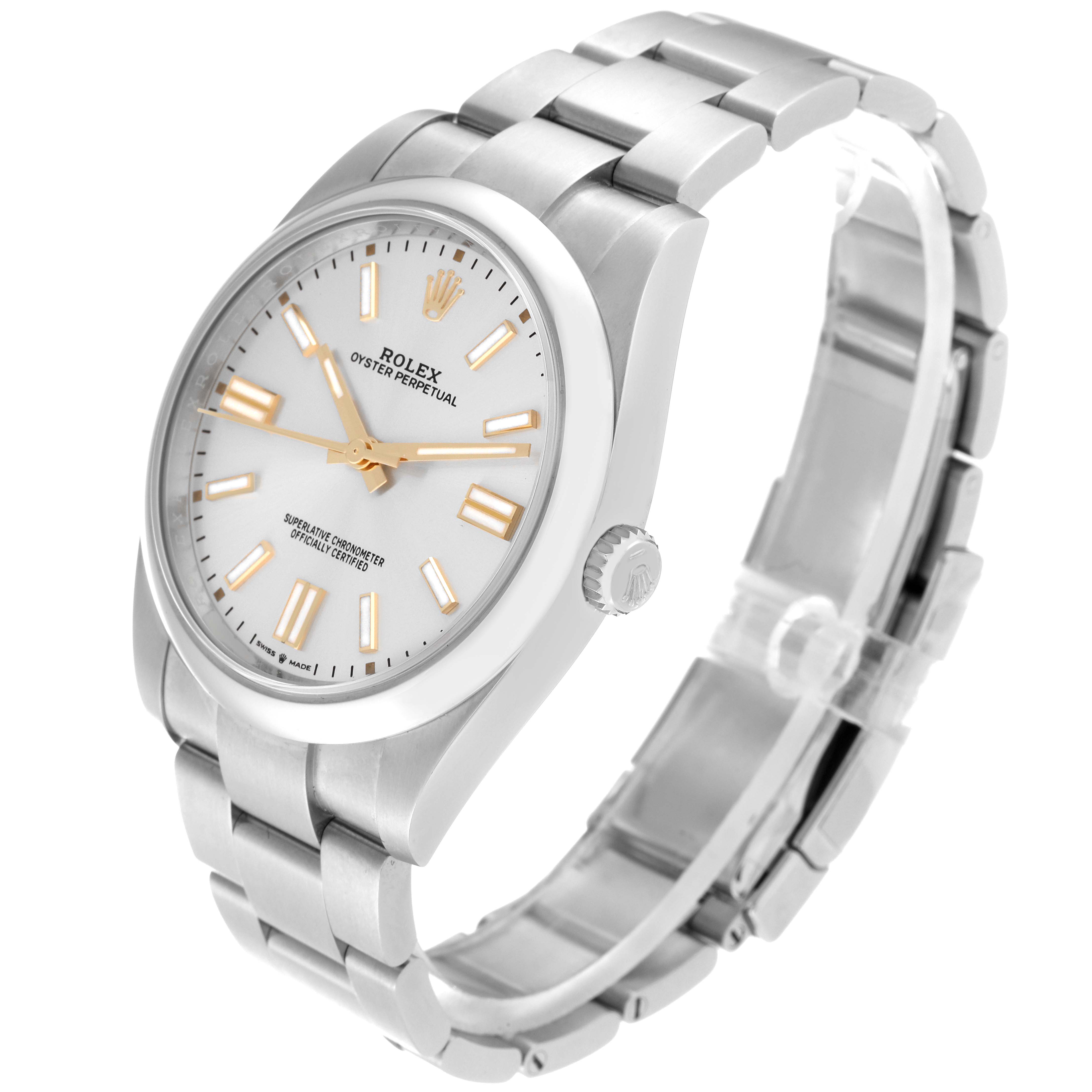The Rolex Oyster Perpetual 124300 Men's Stainless Steel Silver Dial 124300 Men's Stainless Steel Silver Dial watch is shown at a slight angle displaying the face, crown, and part of the bracelet.