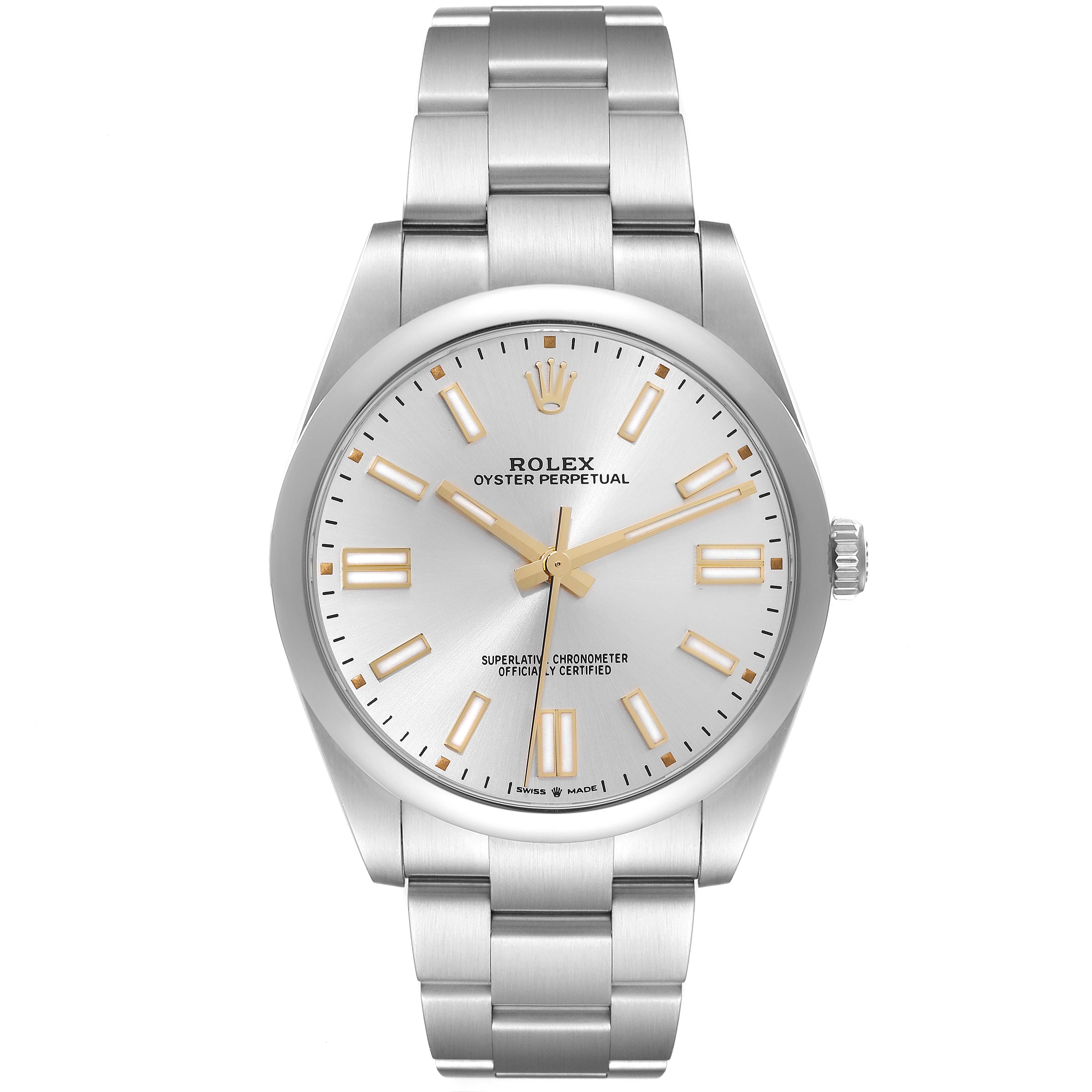 The Rolex Oyster Perpetual 124300 Men's Stainless Steel Silver Dial 124300 Men's Stainless Steel Silver Dial watch is shown from a front angle, displaying its face, bezel, and bracelet.