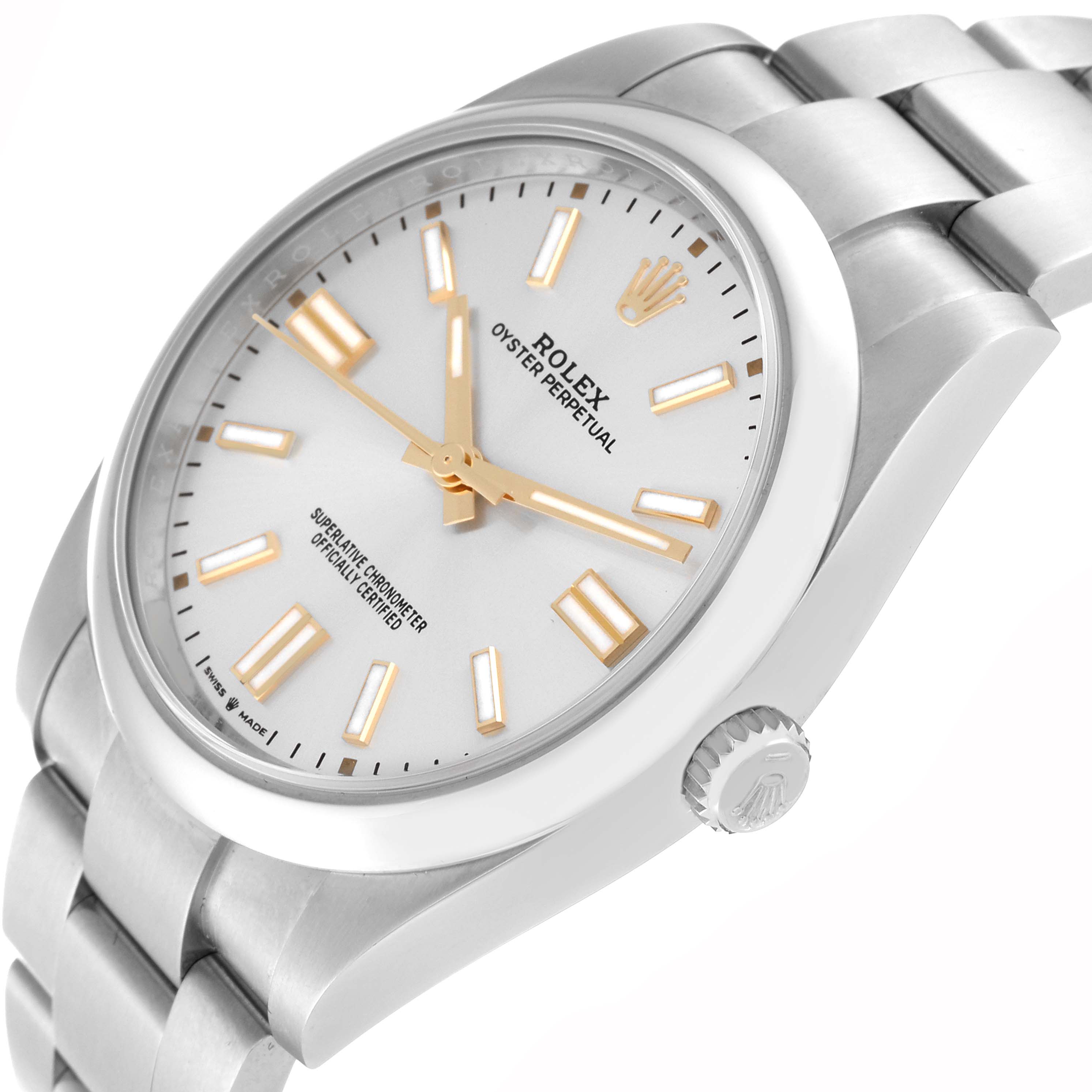 The Rolex Oyster Perpetual 124300 Men's Stainless Steel Silver Dial 124300 Men's Stainless Steel Silver Dial watch is shown at an angled close-up, highlighting its face, crown, and part of the bracelet.