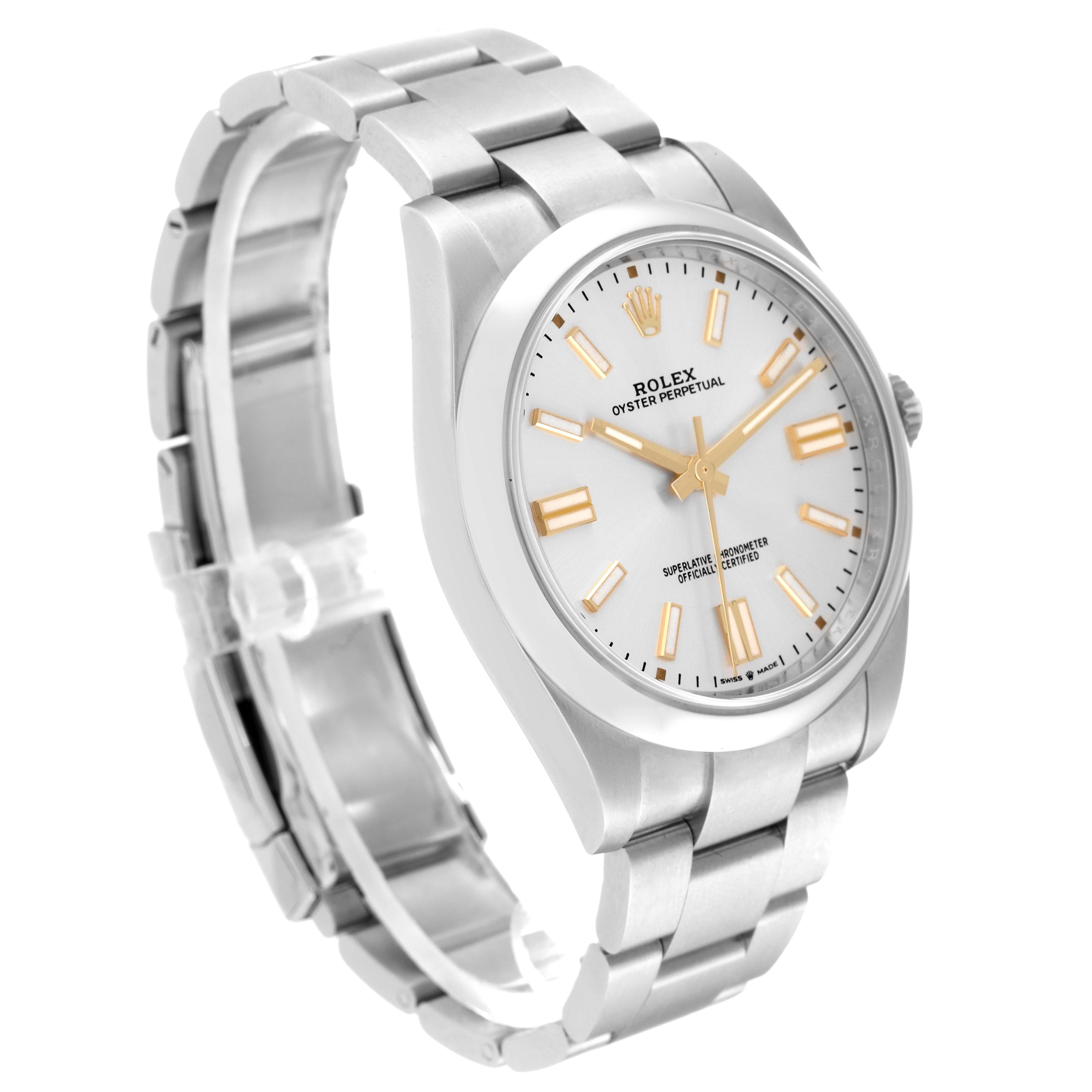 The image shows an angled view of a Rolex Oyster Perpetual 124300 Men's Stainless Steel Silver Dial 124300 Men's Stainless Steel Silver Dial watch displaying its dial, case, and bracelet.