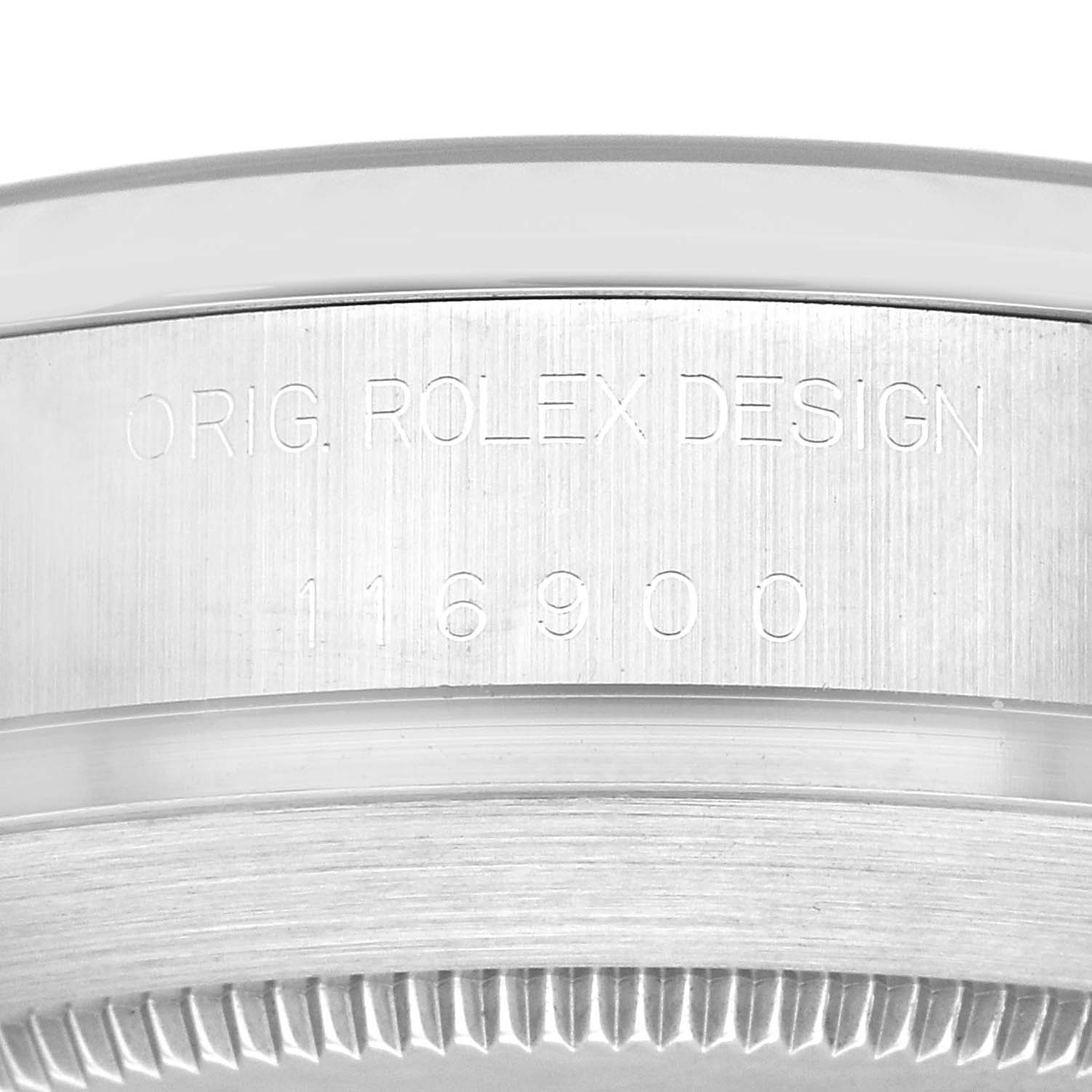 This image shows a close-up of the case side of the Rolex Air-King 116900 Men's Stainless Steel Black Dial 116900 Men's Stainless Steel Black Dial, highlighting the engraved model number 116900 and "O RIG. ROLEX DESIGN."