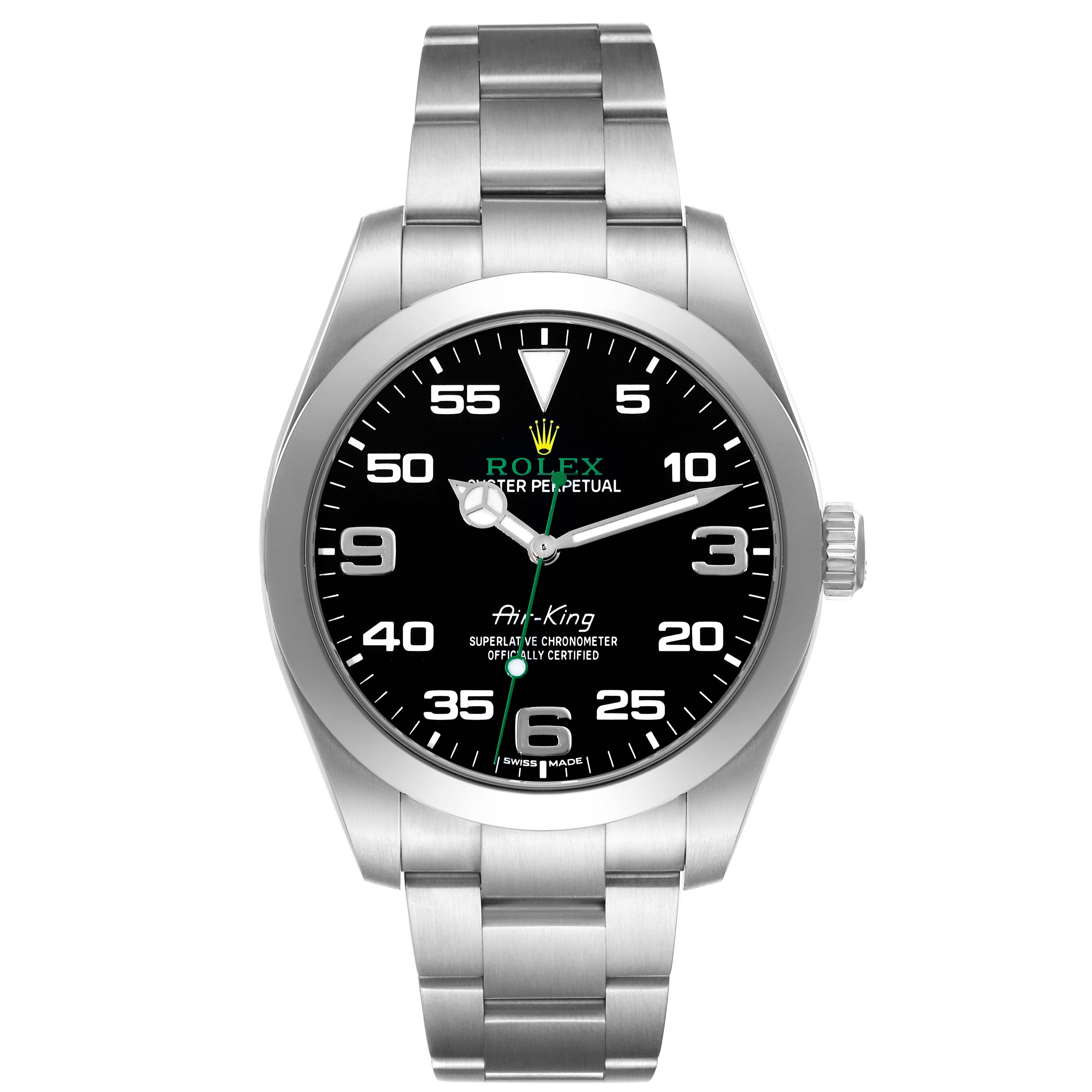 The image shows a front-facing view of a Rolex Air-King 116900 Men's Stainless Steel Black Dial 116900 Men's Stainless Steel Black Dial watch, displaying the dial, bezel, and bracelet.