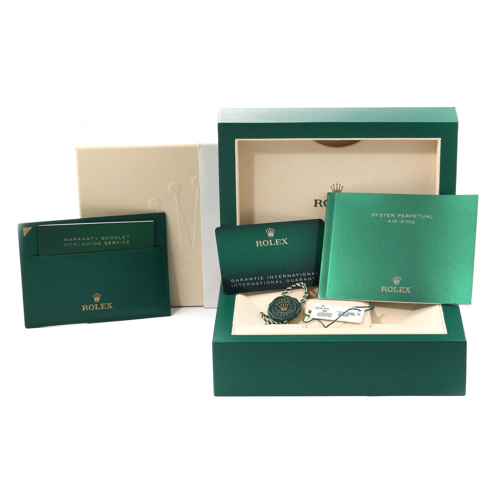 The image shows the packaging, warranty booklet, and manuals for a Rolex Air-King 116900 Men's Stainless Steel Black Dial 116900 Men's Stainless Steel Black Dial watch.