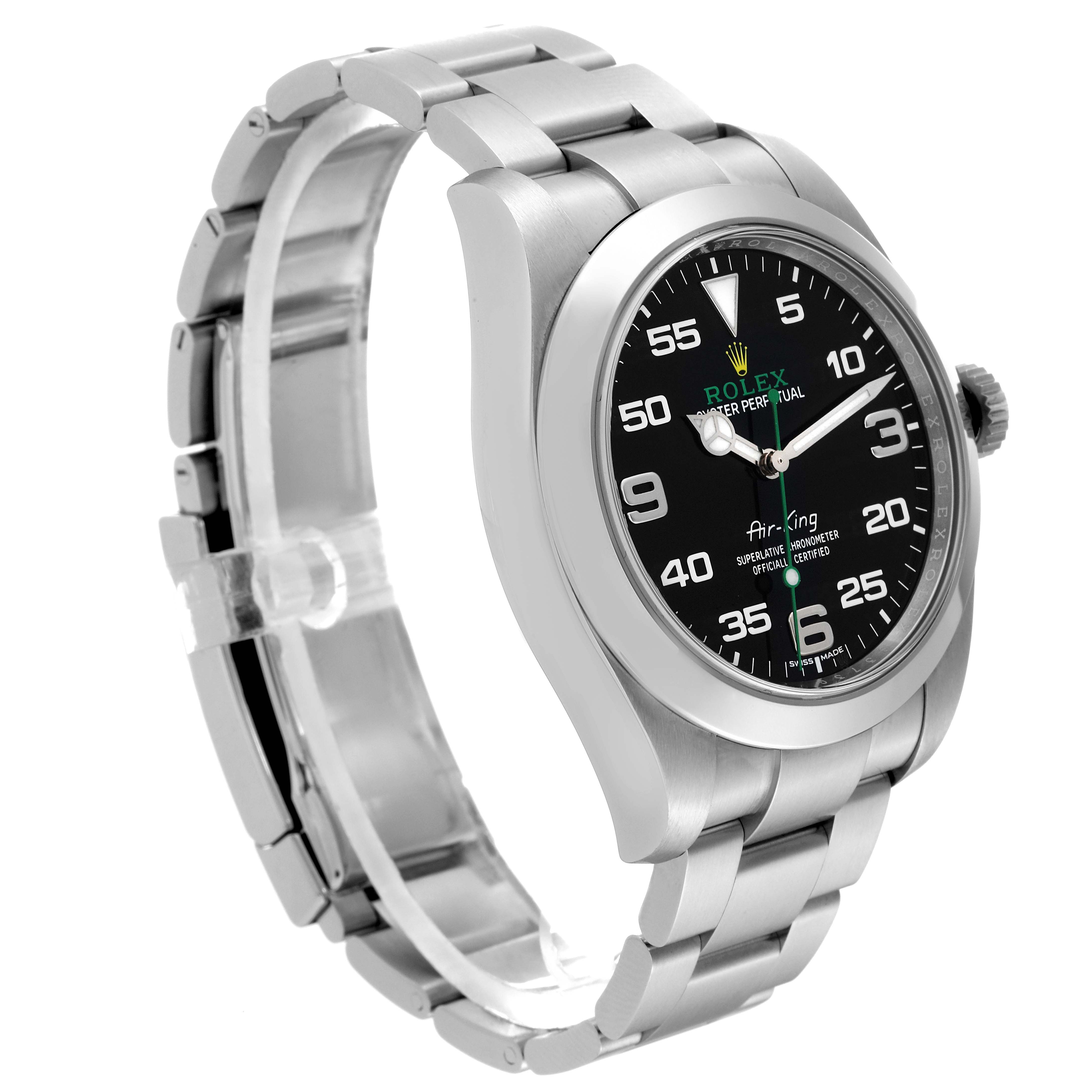 The image shows a side and angled view of the Rolex Air-King 116900 Men's Stainless Steel Black Dial 116900 Men's Stainless Steel Black Dial watch, highlighting its bracelet, case, dial, and crown.