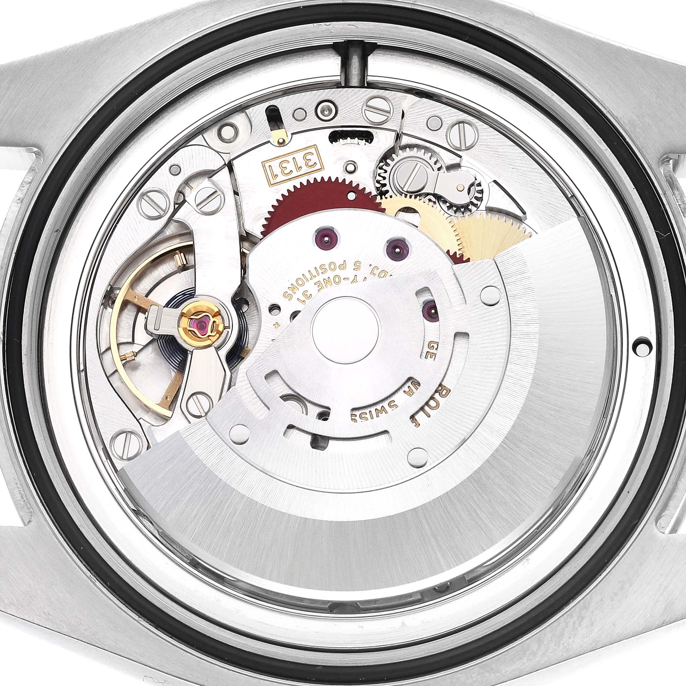 This image shows the intricate internal mechanism of a Rolex Air-King 116900 Men's Stainless Steel Black Dial 116900 Men's Stainless Steel Black Dial watch, viewed from the back.