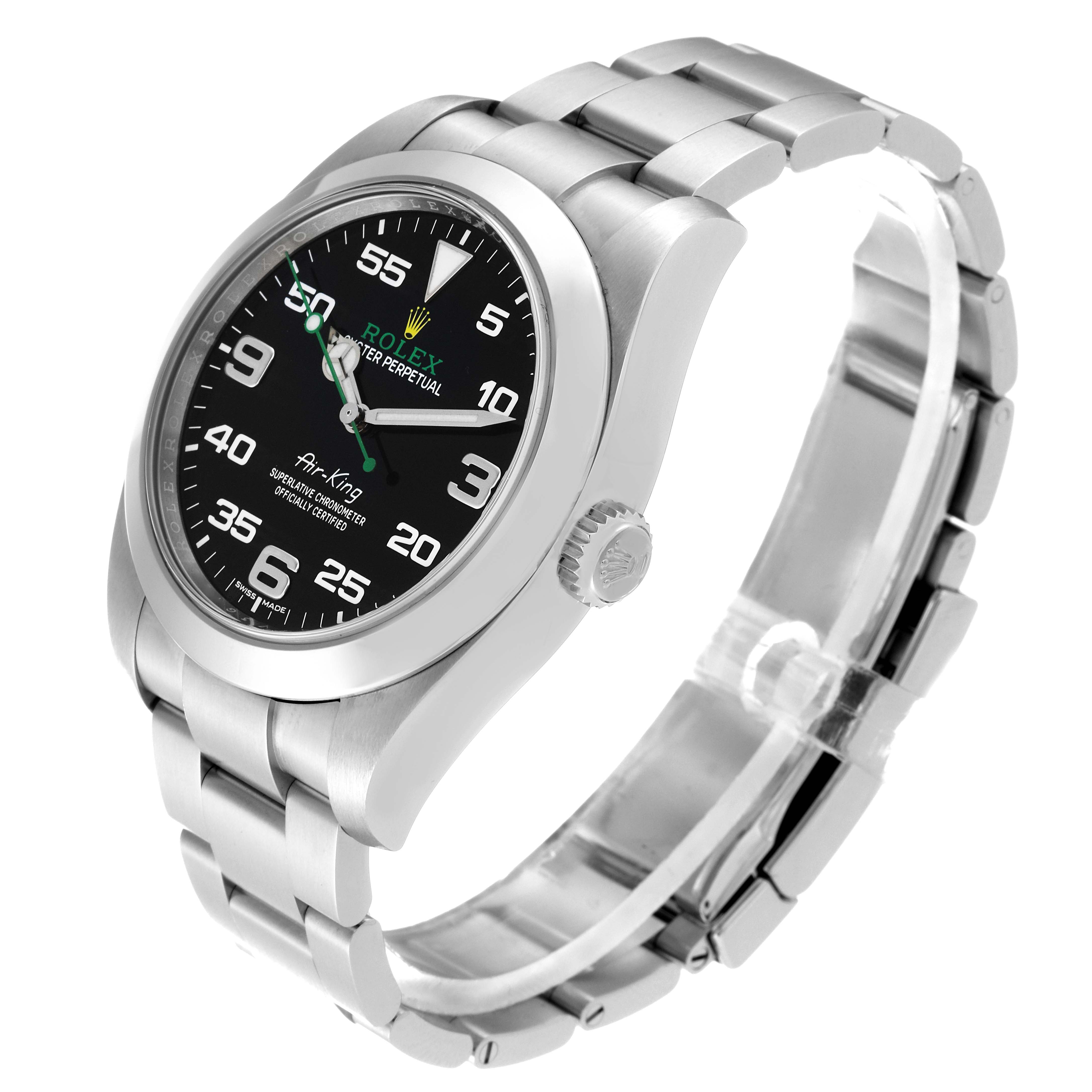 The Rolex Air-King 116900 Men's Stainless Steel Black Dial 116900 Men's Stainless Steel Black Dial watch is shown at an angled view, displaying the face, bezel, case, crown, and part of the band.