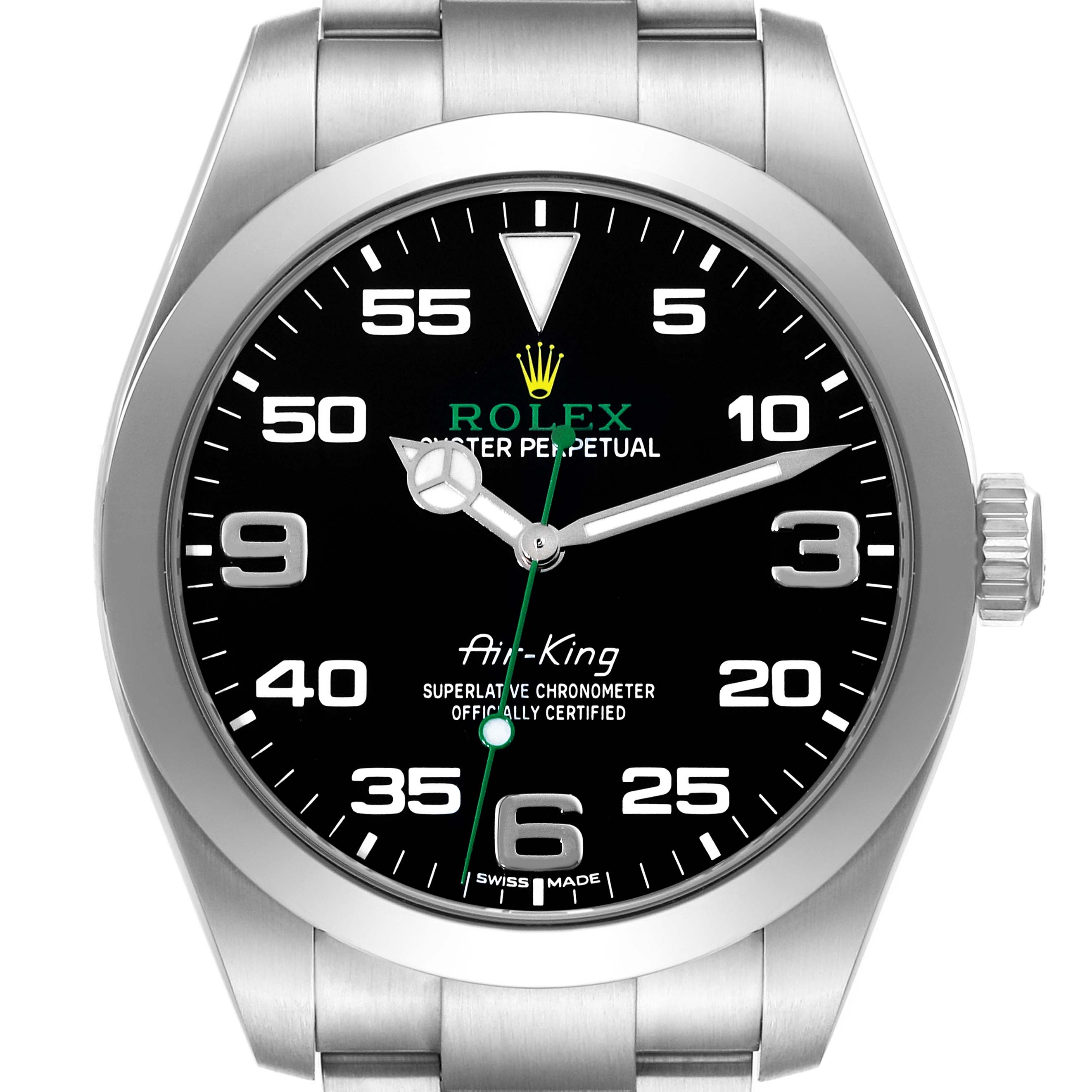 The image shows a front view of a Rolex Air-King 116900 Men's Stainless Steel Black Dial 116900 Men's Stainless Steel Black Dial watch, detailing its face, bezel, and bracelet. 