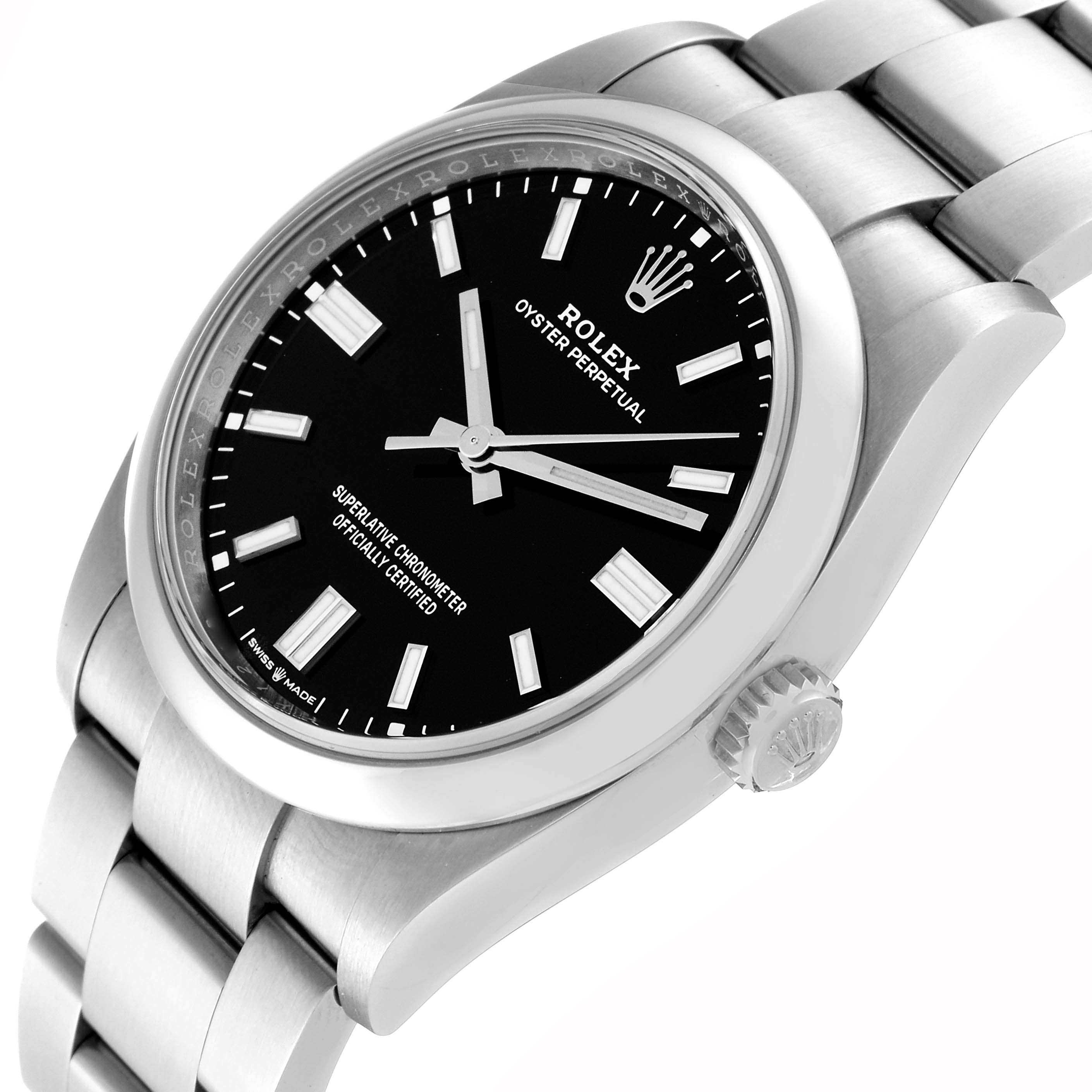 The image shows a side-angle view of a Rolex Oyster Perpetual 126000 Men
s Stainless Steel Black Dial 126000 Men
s Stainless Steel Black Dial watch, with emphasis on the dial, bezel, and crown.