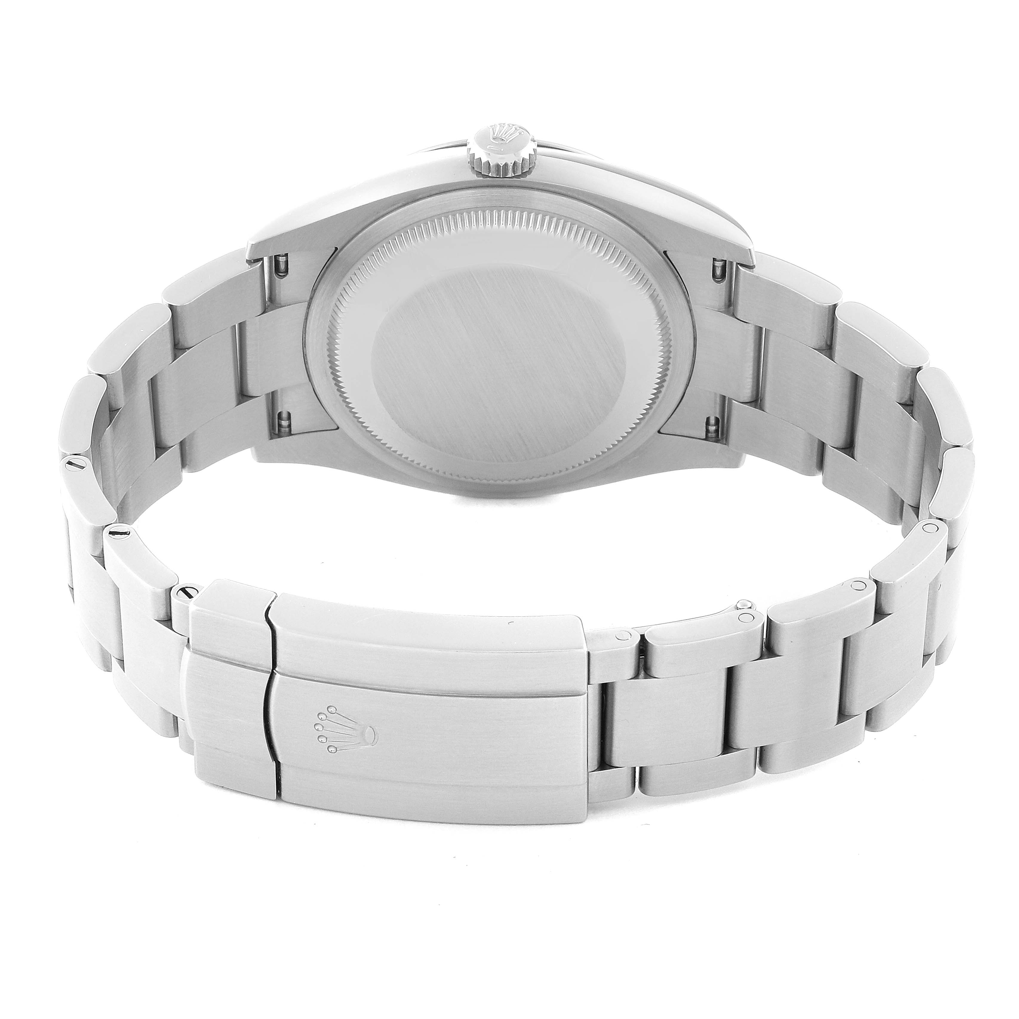 This image shows the back and bracelet of a Rolex Oyster Perpetual 126000 Men
s Stainless Steel Black Dial 126000 Men
s Stainless Steel Black Dial watch, focusing on the case back and clasp.