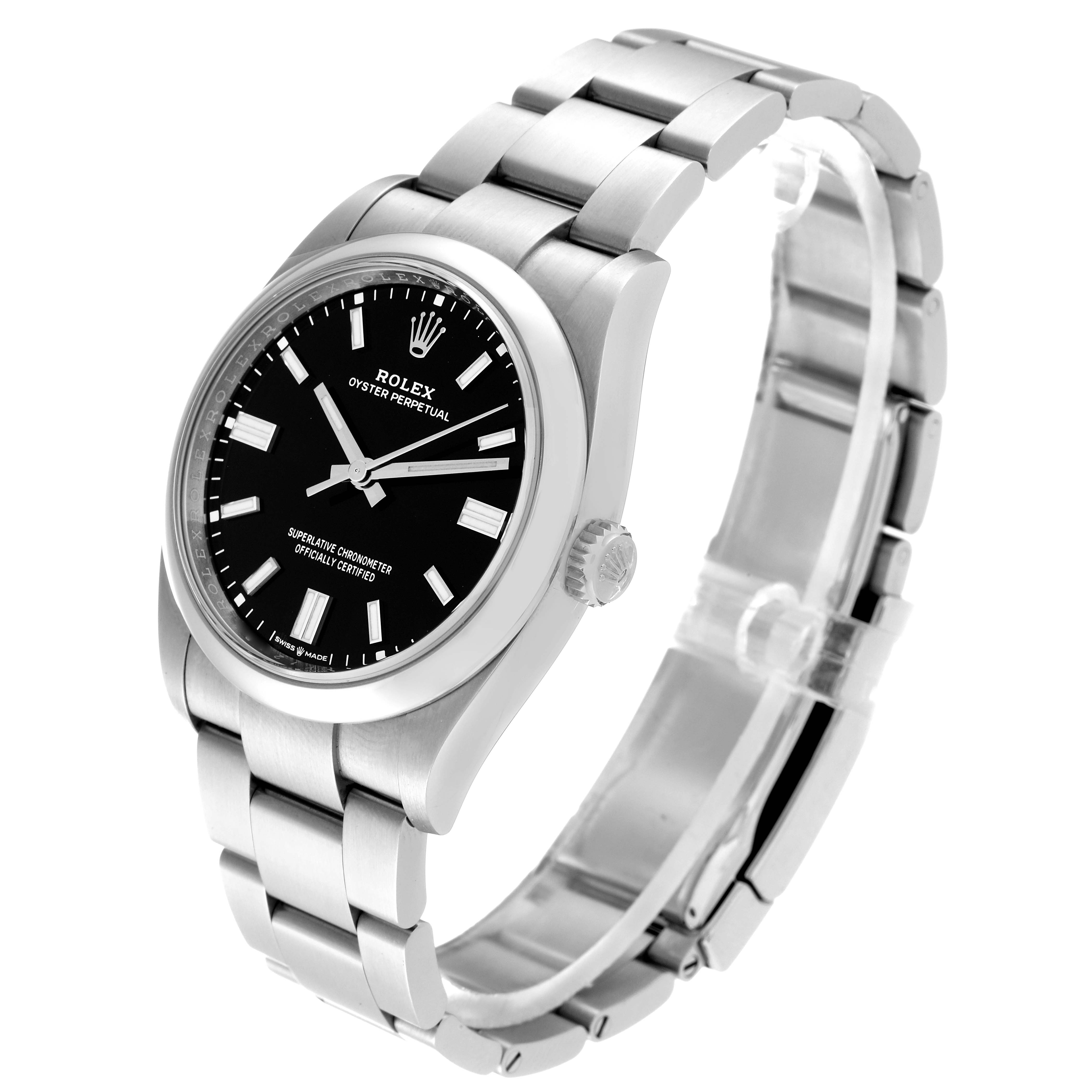 The Rolex Oyster Perpetual 126000 Men
s Stainless Steel Black Dial 126000 Men
s Stainless Steel Black Dial watch is shown at a 45-degree angle highlighting the face, crown, and bracelet.