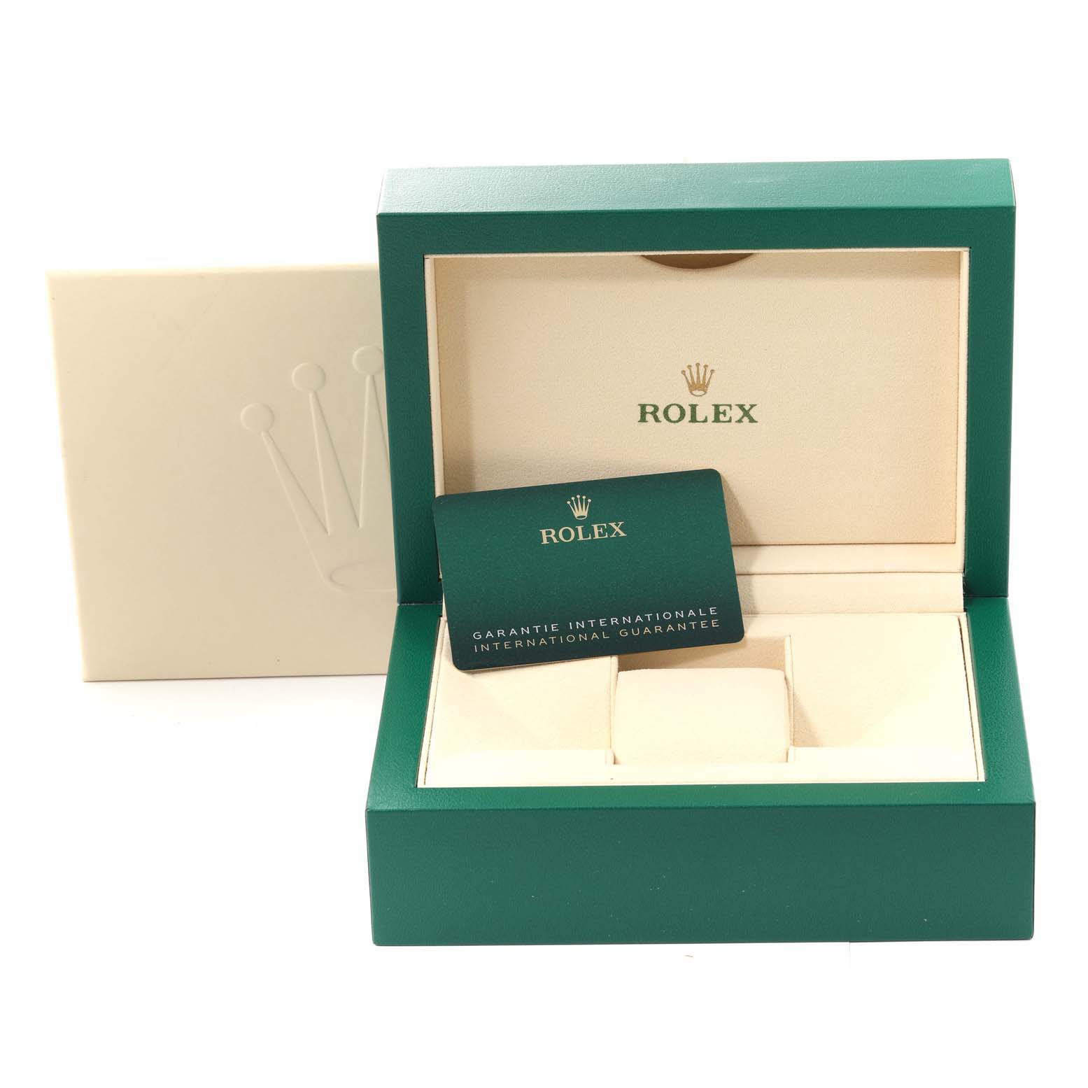 The image shows the open box and international guarantee card for the Rolex Oyster Perpetual 126000 Men
s Stainless Steel Black Dial 126000 Men
s Stainless Steel Black Dial model.