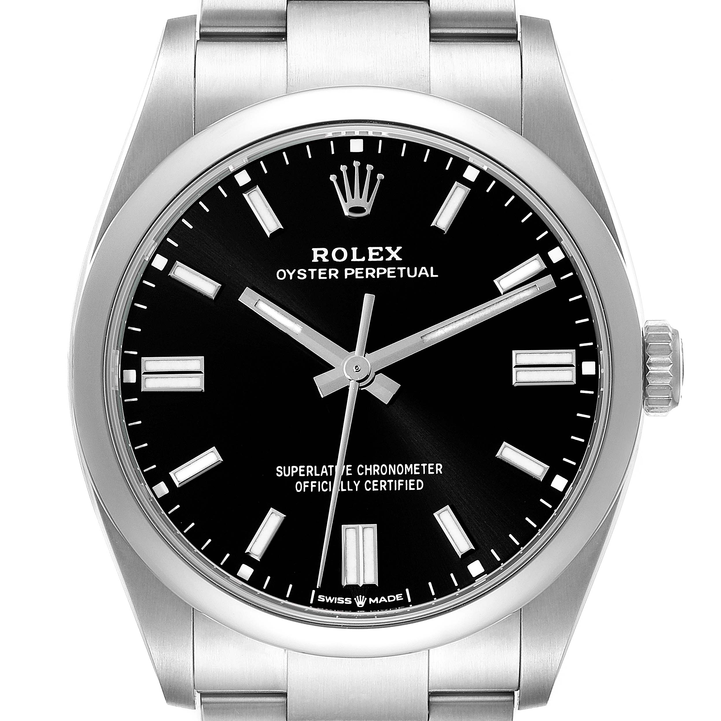 The image shows a front view of a Rolex Oyster Perpetual 126000 Men
s Stainless Steel Black Dial 126000 Men
s Stainless Steel Black Dial watch, featuring its black dial, stainless steel case, and bracelet.