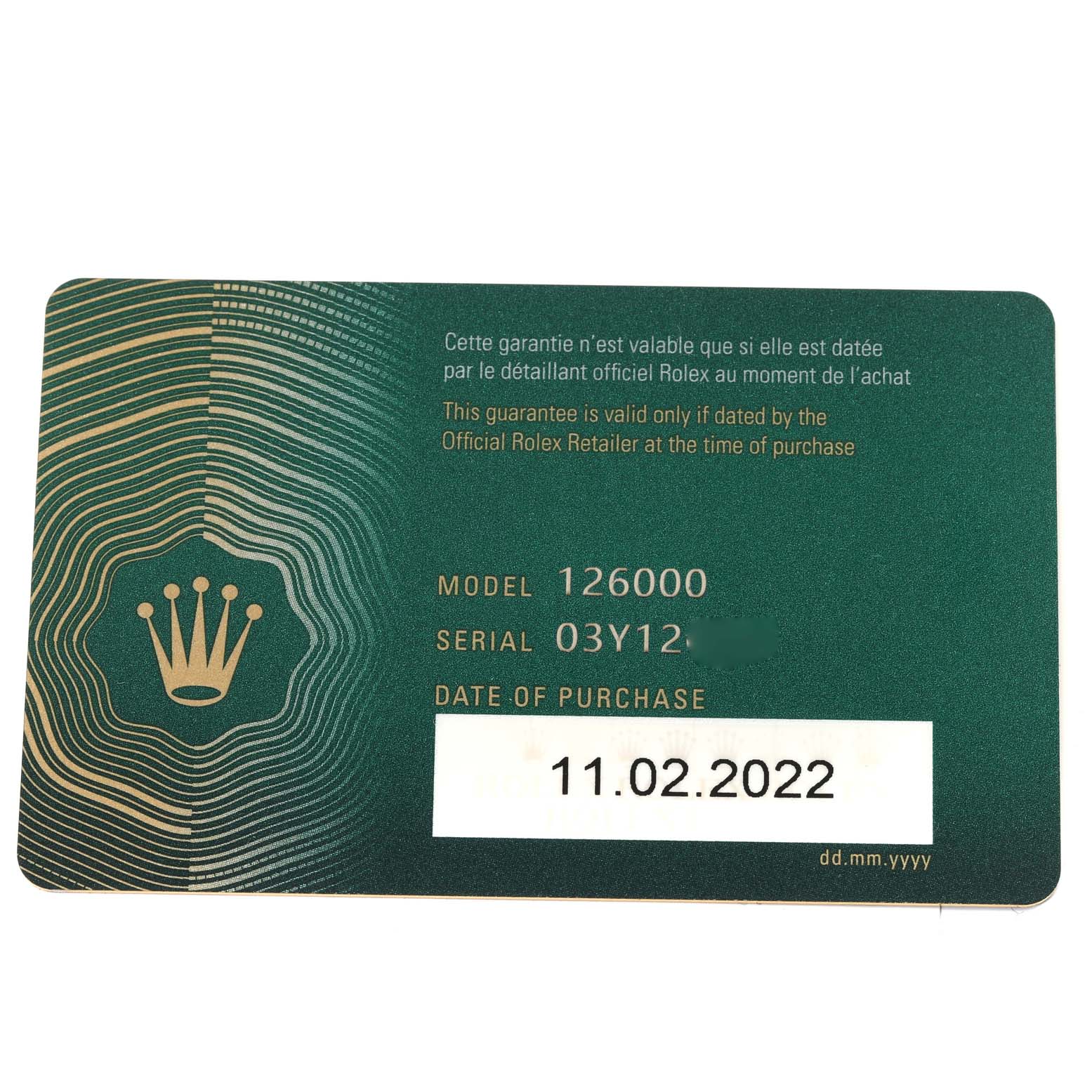 The image shows the warranty card for the Rolex Oyster Perpetual 126000 Men
s Stainless Steel Black Dial 126000 Men
s Stainless Steel Black Dial model 126000 watch.