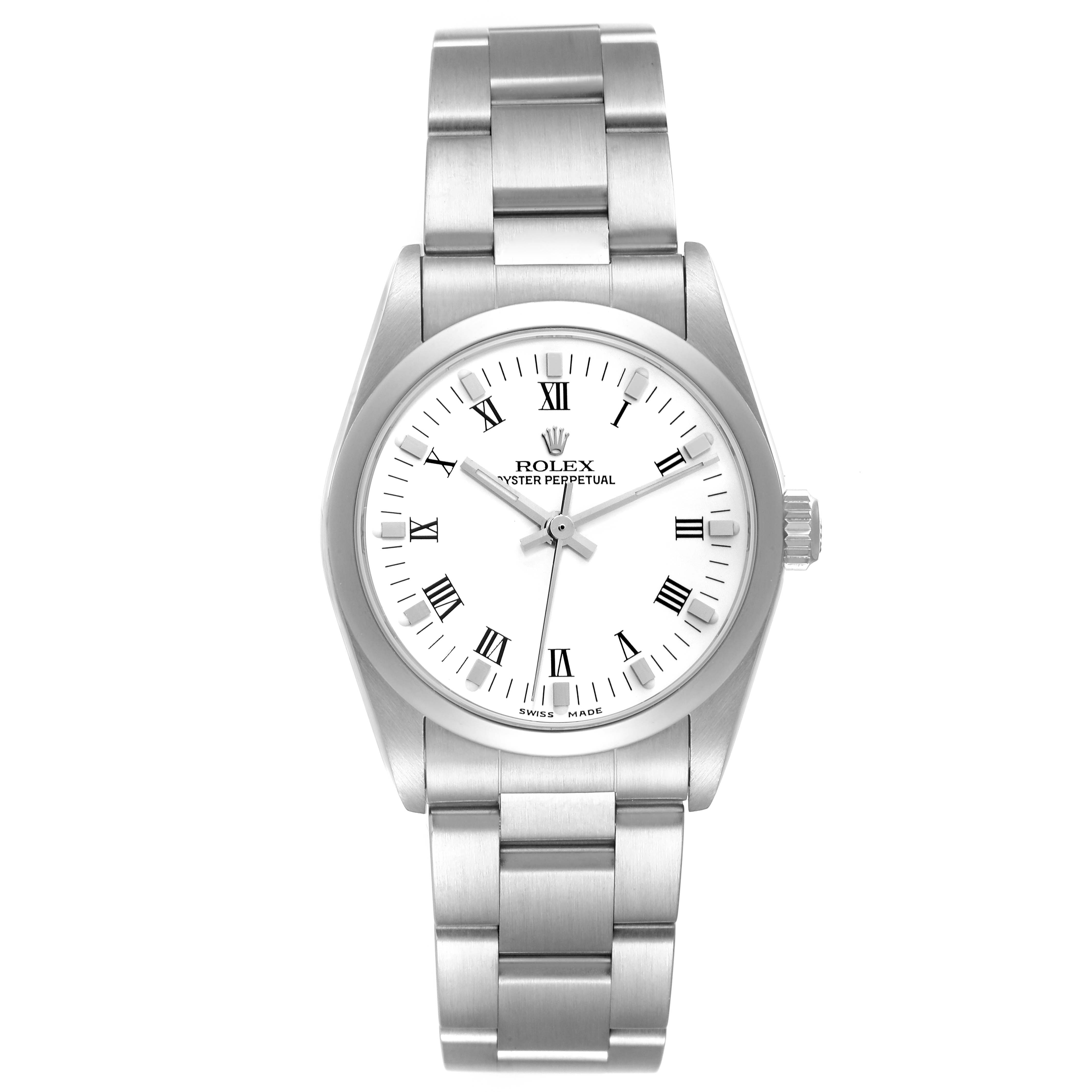 This image shows a front view of a Mid-Size Rolex Oyster Perpetual watch, displaying its dial, hands, bezel, and bracelet.