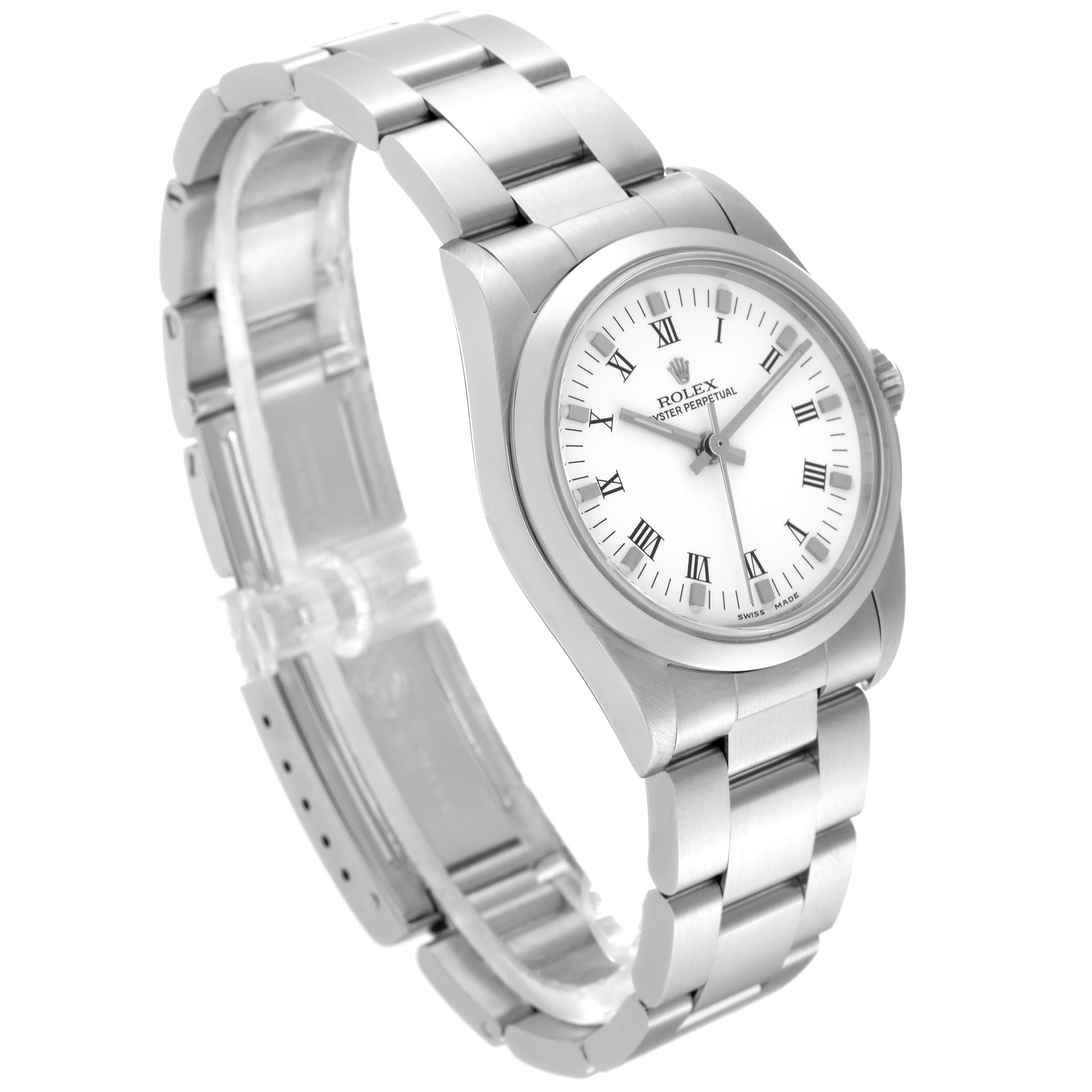 The image shows a side angle of a Rolex Mid-Size 77080 Women
s Stainless Steel White Dial 77080 Women
s Stainless Steel White Dial watch, highlighting its silver bracelet, white dial, and Roman numeral indices.