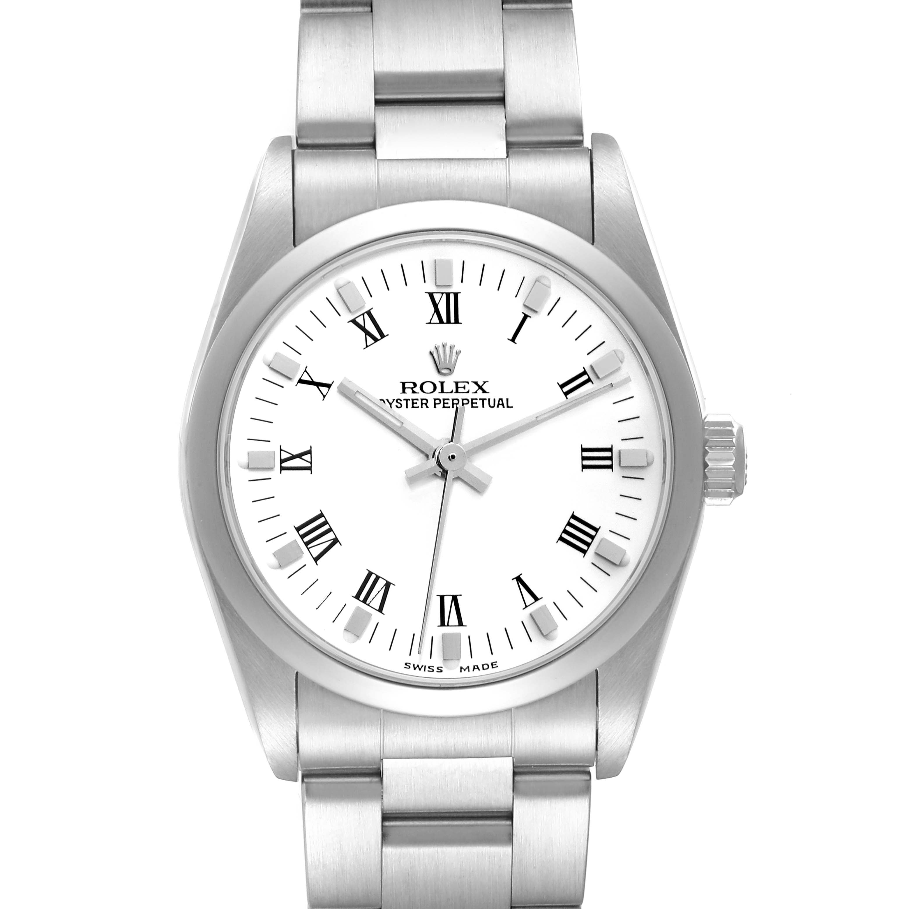 This Rolex Mid-Size 77080 Women
s Stainless Steel White Dial 77080 Women
s Stainless Steel White Dial model is shown from the front, displaying the dial, hands, crown, and part of the bracelet.