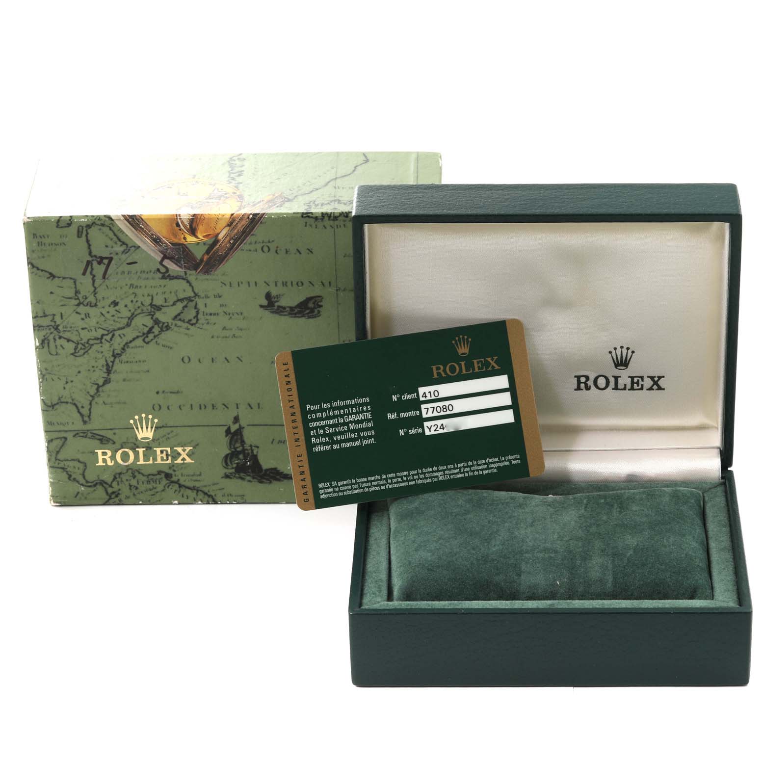 The image shows the open box, certificate card, and packaging for a Rolex Mid-Size 77080 Women
s Stainless Steel White Dial 77080 Women
s Stainless Steel White Dial model watch.