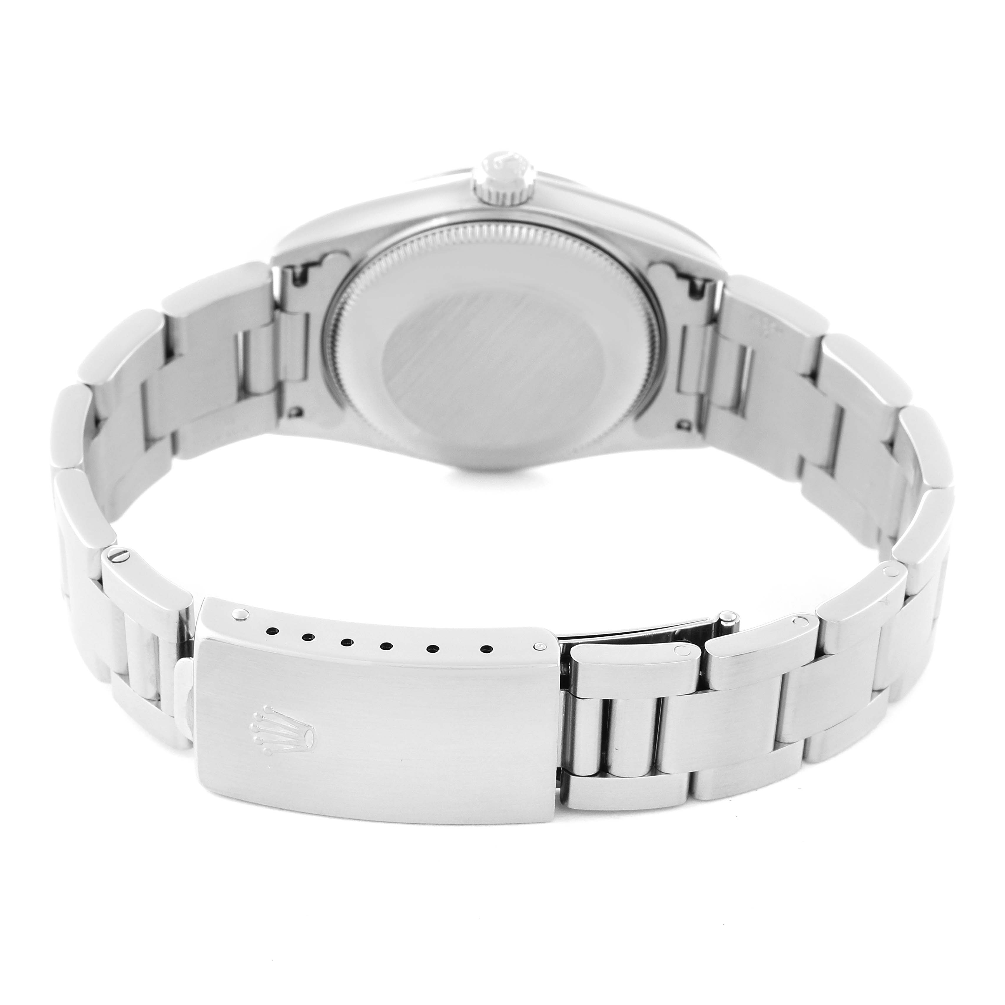 The image shows the back view of a Rolex Mid-Size 77080 Women
s Stainless Steel White Dial 77080 Women
s Stainless Steel White Dial model watch, highlighting its case back and stainless steel bracelet with clasp.