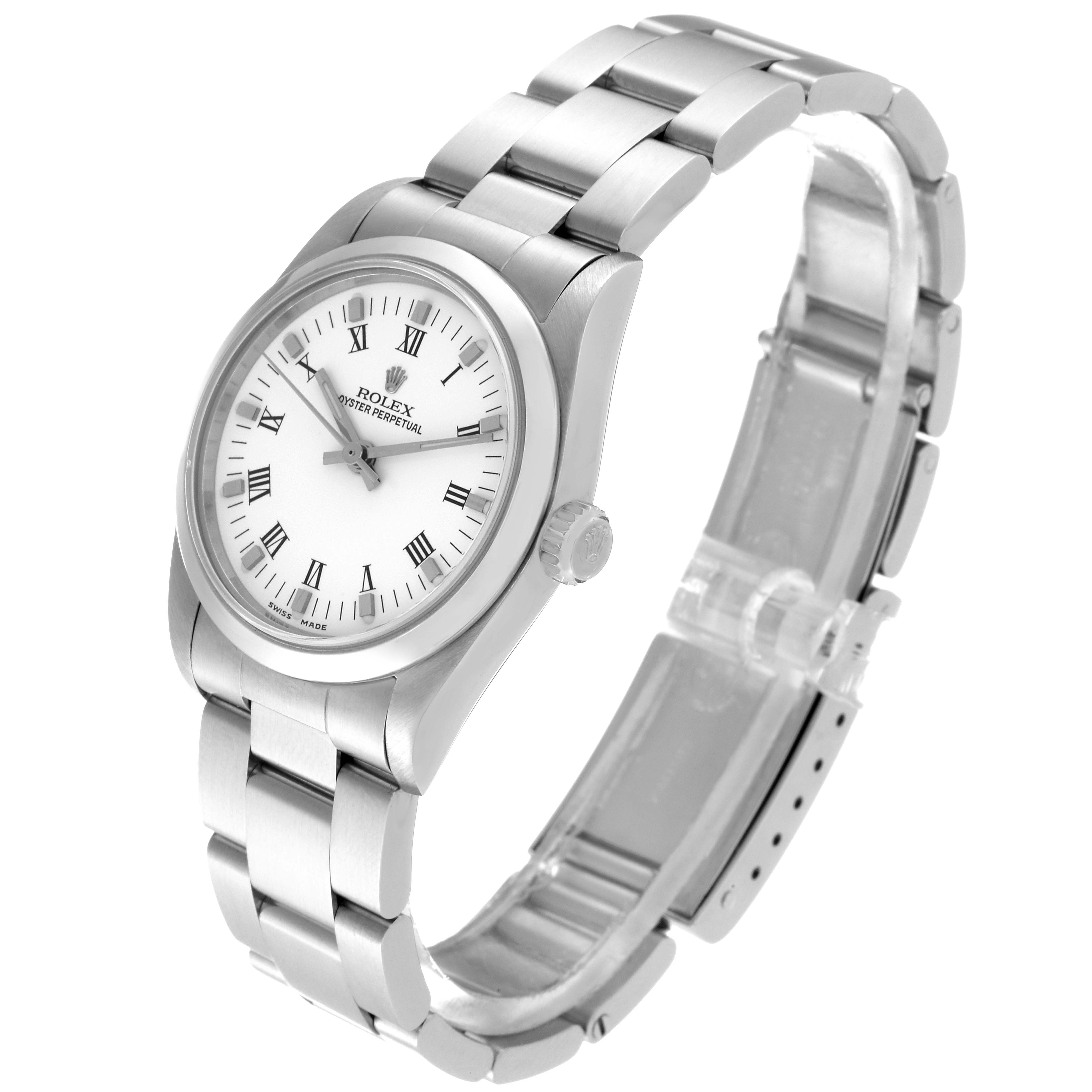 The image shows a Rolex Mid-Size 77080 Women
s Stainless Steel White Dial 77080 Women
s Stainless Steel White Dial Oyster Perpetual watch at a slight angle, highlighting the face, case, and bracelet.