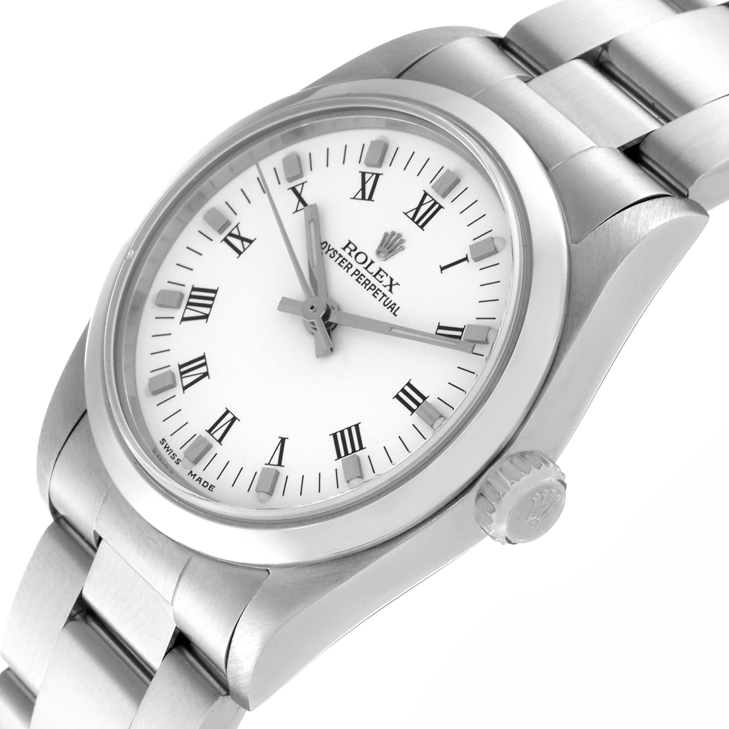 The image shows a Rolex Oyster Perpetual Mid-Size watch from an angled side view, highlighting the dial and bracelet.