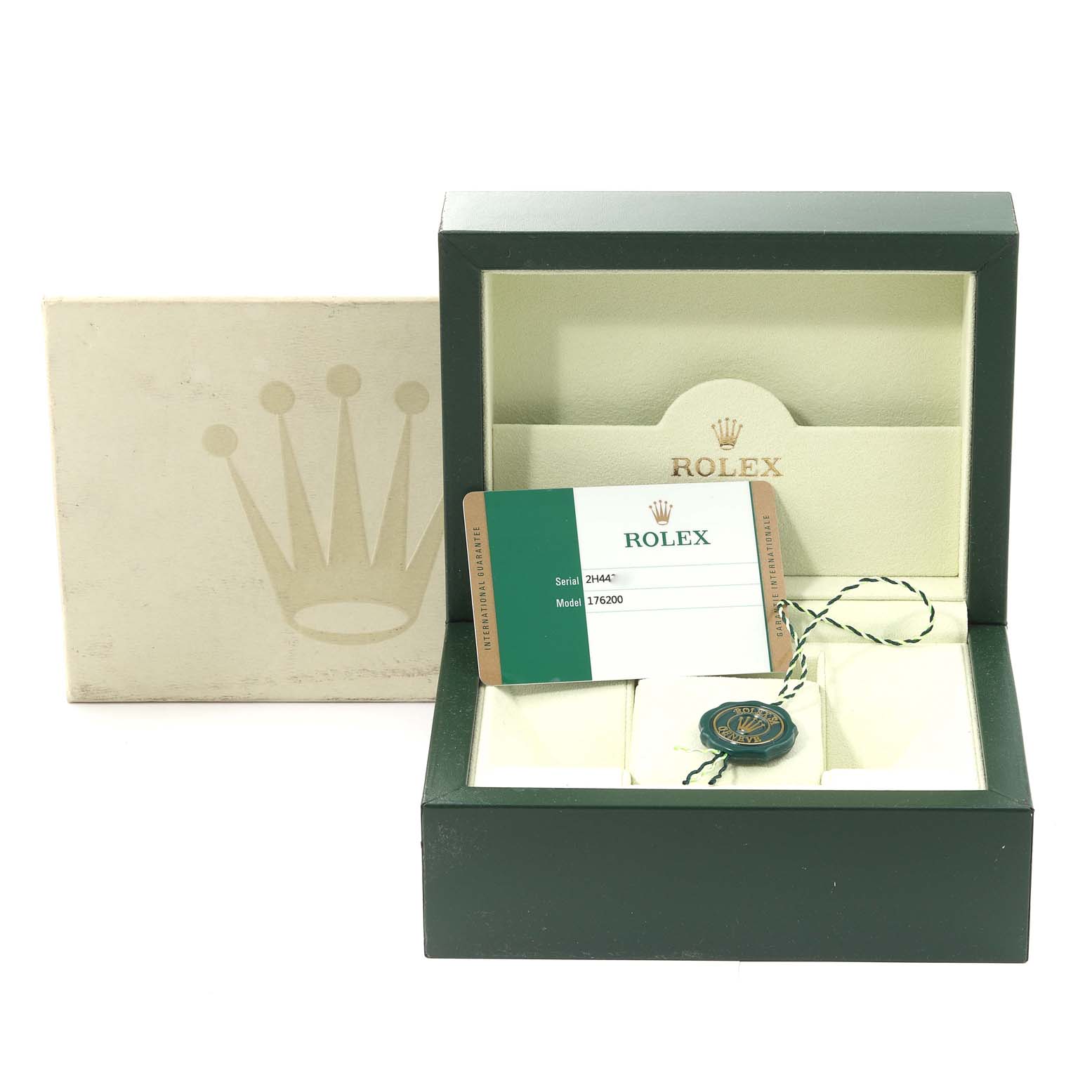 The image shows the packaging, tags, and warranty card for a Rolex Oyster Perpetual 176200 Women's Stainless Steel Silver Dial 176200 Women's Stainless Steel Silver Dial watch model 176200.