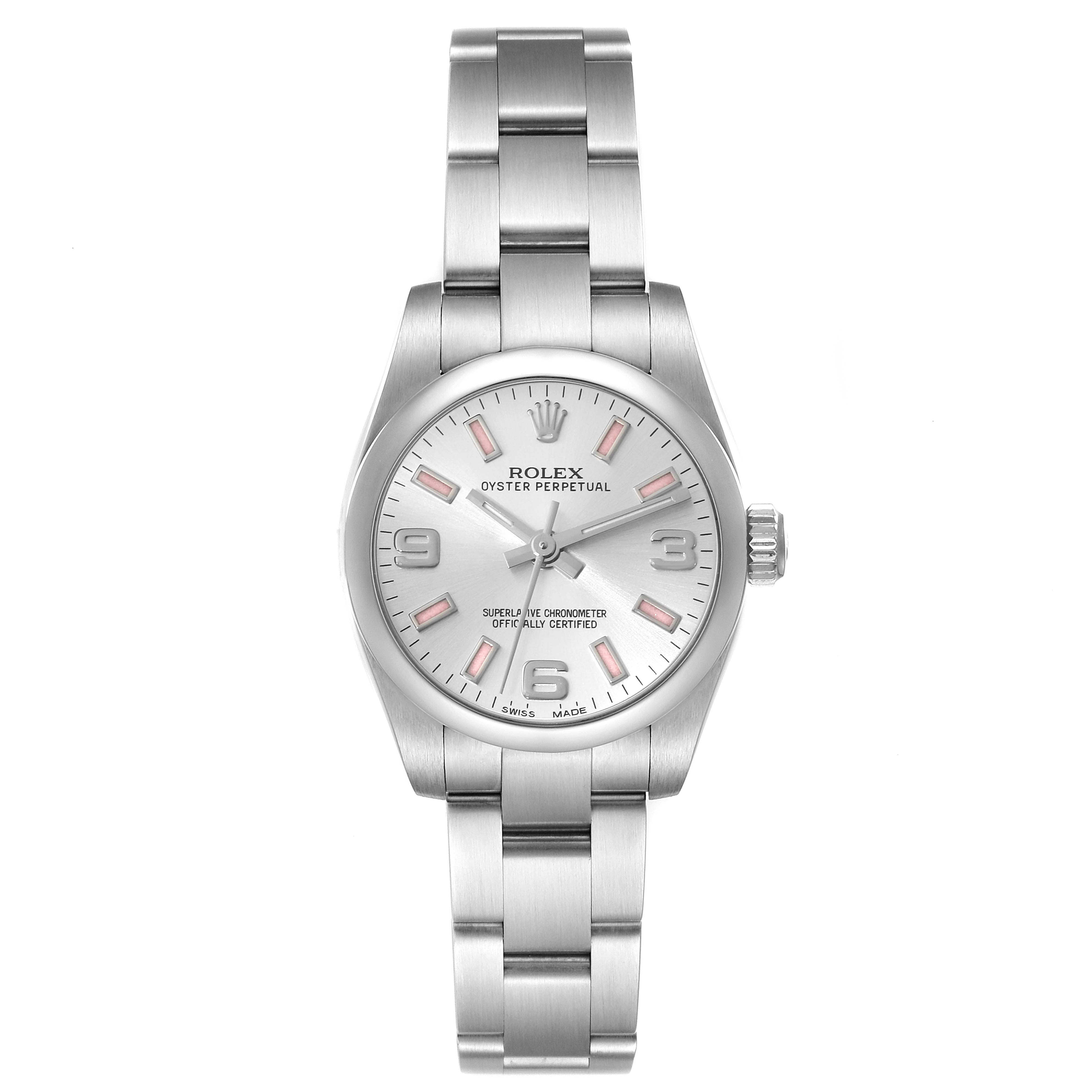 The image shows a front view of the Rolex Oyster Perpetual 176200 Women's Stainless Steel Silver Dial 176200 Women's Stainless Steel Silver Dial watch, highlighting its face and metal bracelet.