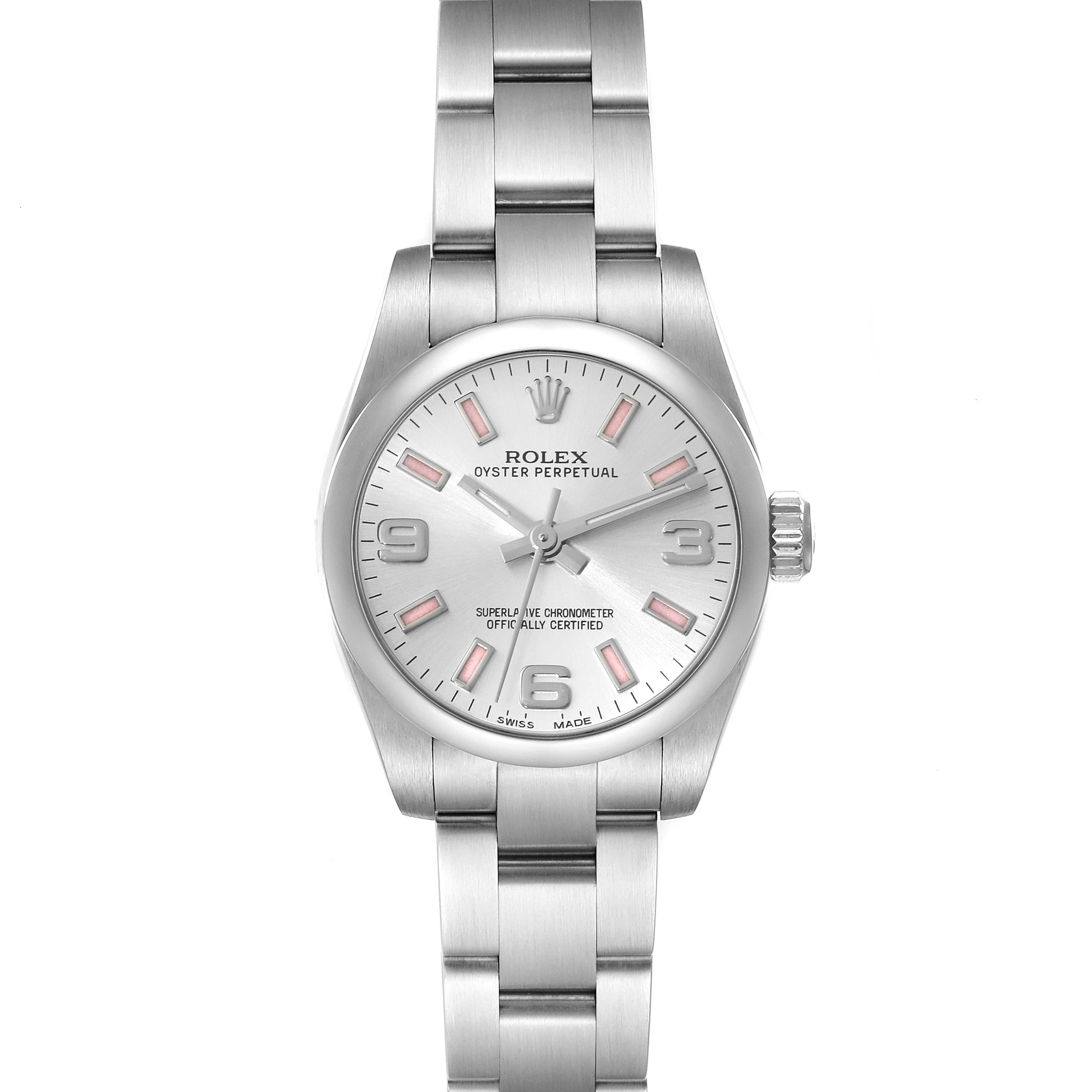 The image shows a top-down view of the Rolex Oyster Perpetual 176200 Women's Stainless Steel Silver Dial 176200 Women's Stainless Steel Silver Dial watch, displaying its dial, case, and bracelet.