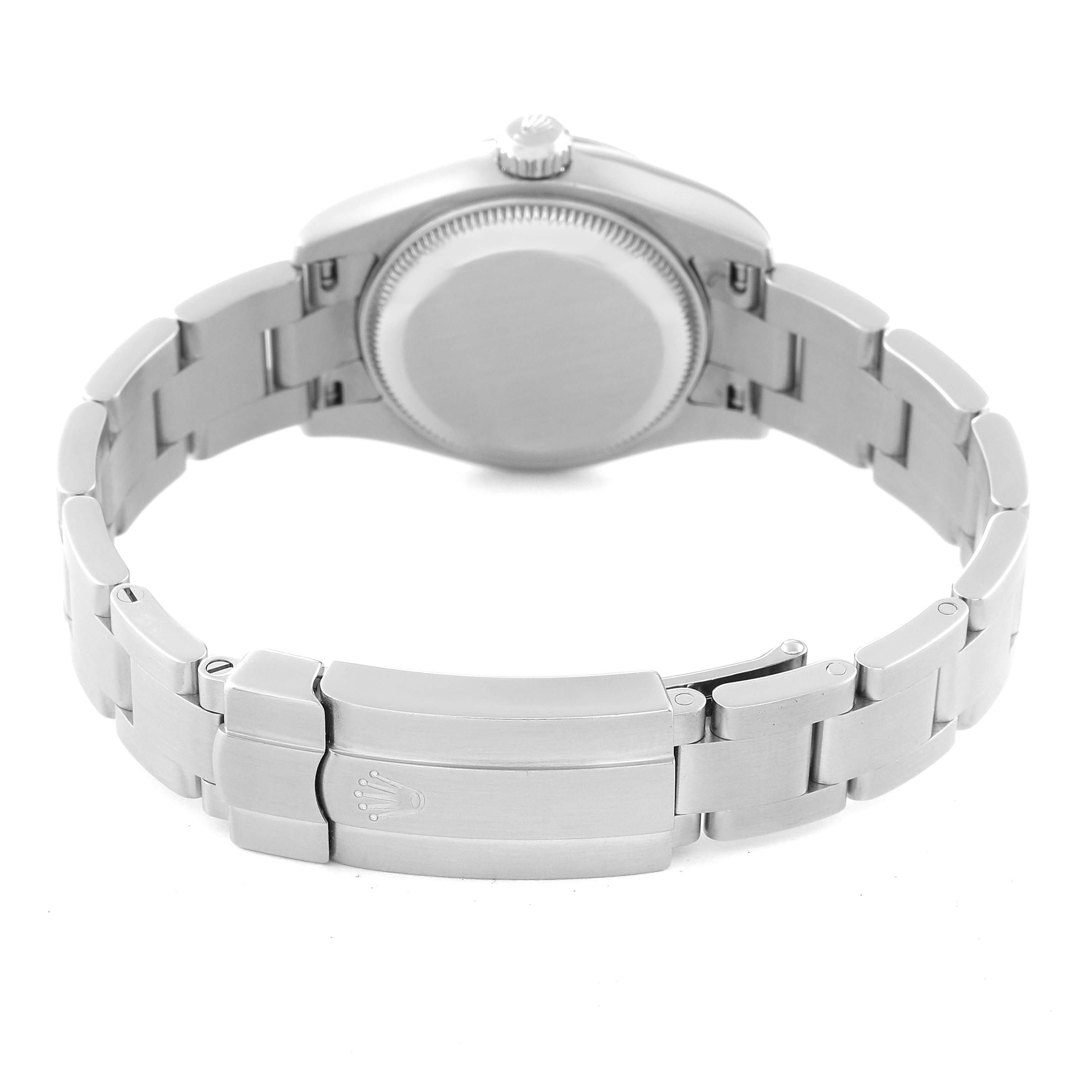 The image shows the back view of a Rolex Oyster Perpetual 176200 Women's Stainless Steel Silver Dial 176200 Women's Stainless Steel Silver Dial watch, detailing the bracelet and clasp.