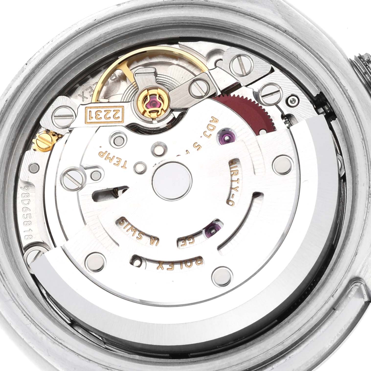 This image shows the inner movement mechanism of a Rolex Oyster Perpetual 176200 Women's Stainless Steel Silver Dial 176200 Women's Stainless Steel Silver Dial watch from a top-down angle.