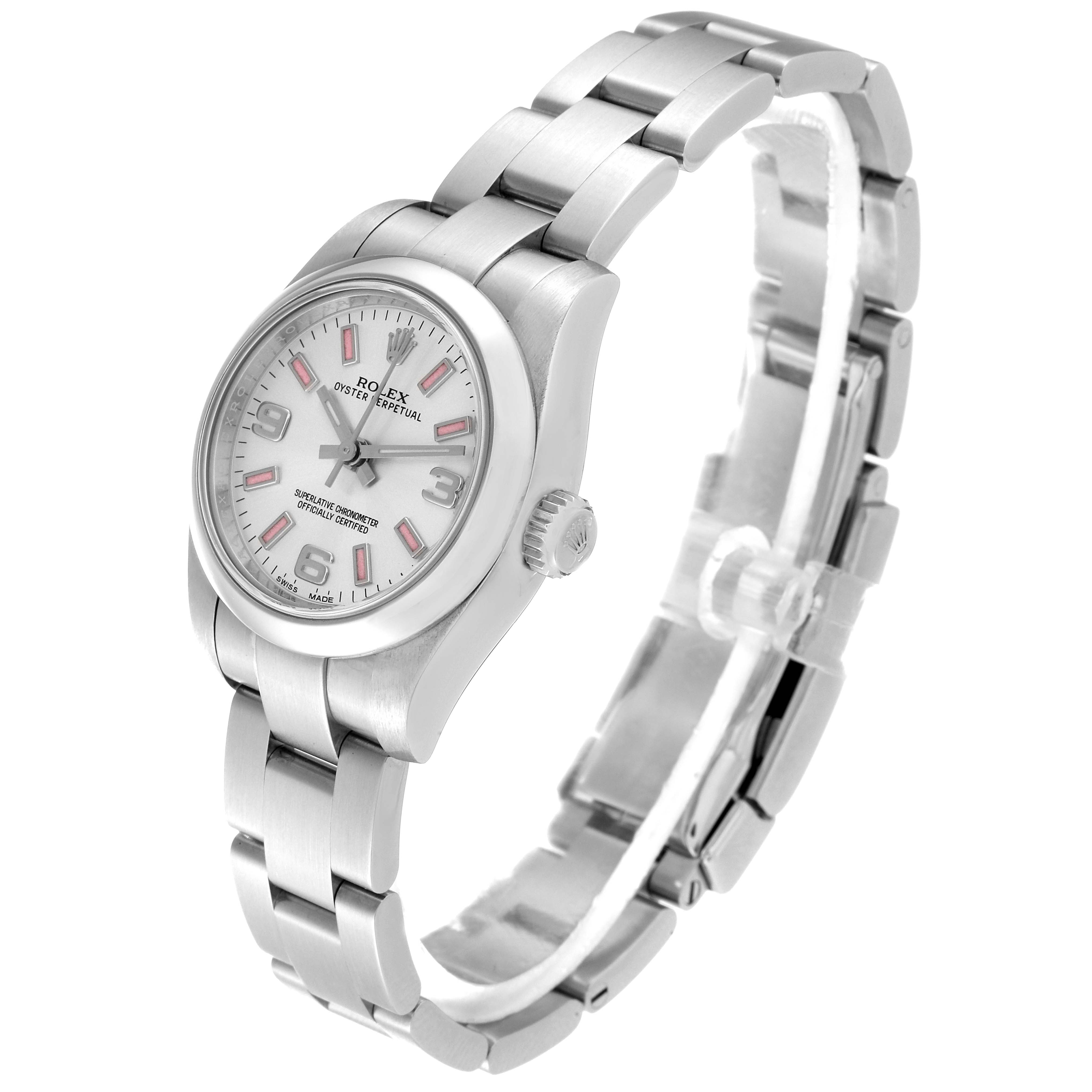 The image shows a side angle of an Oyster Perpetual model by Rolex, featuring its face, bezel, crown, and bracelet.