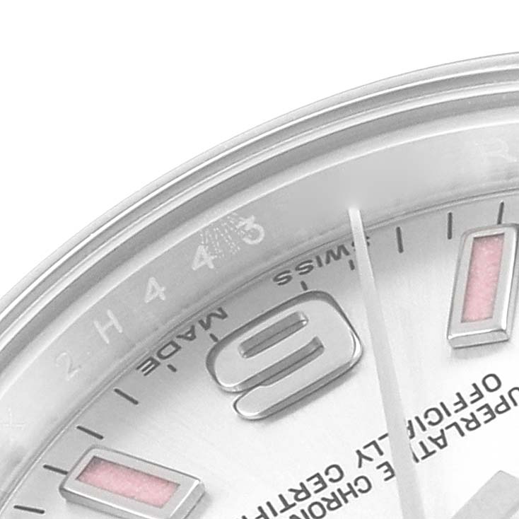 The image shows a close-up of the dial of a Rolex Oyster Perpetual 176200 Women's Stainless Steel Silver Dial 176200 Women's Stainless Steel Silver Dial watch, focusing on the 9 o'clock marker and part of the bezel.