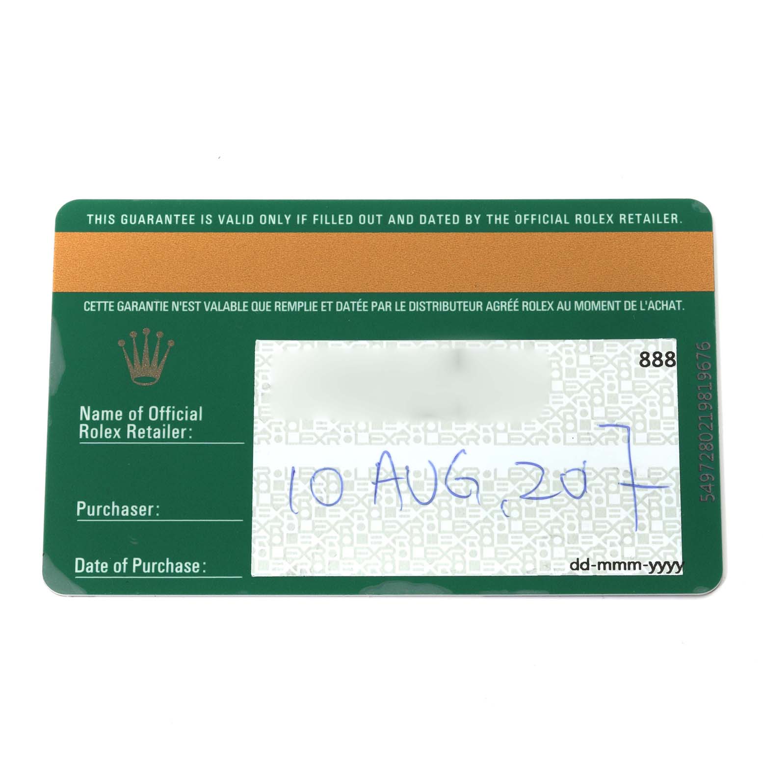 The image shows a green and gold warranty card for a Rolex Oyster Perpetual 176200 Women's Stainless Steel Silver Dial 176200 Women's Stainless Steel Silver Dial watch.