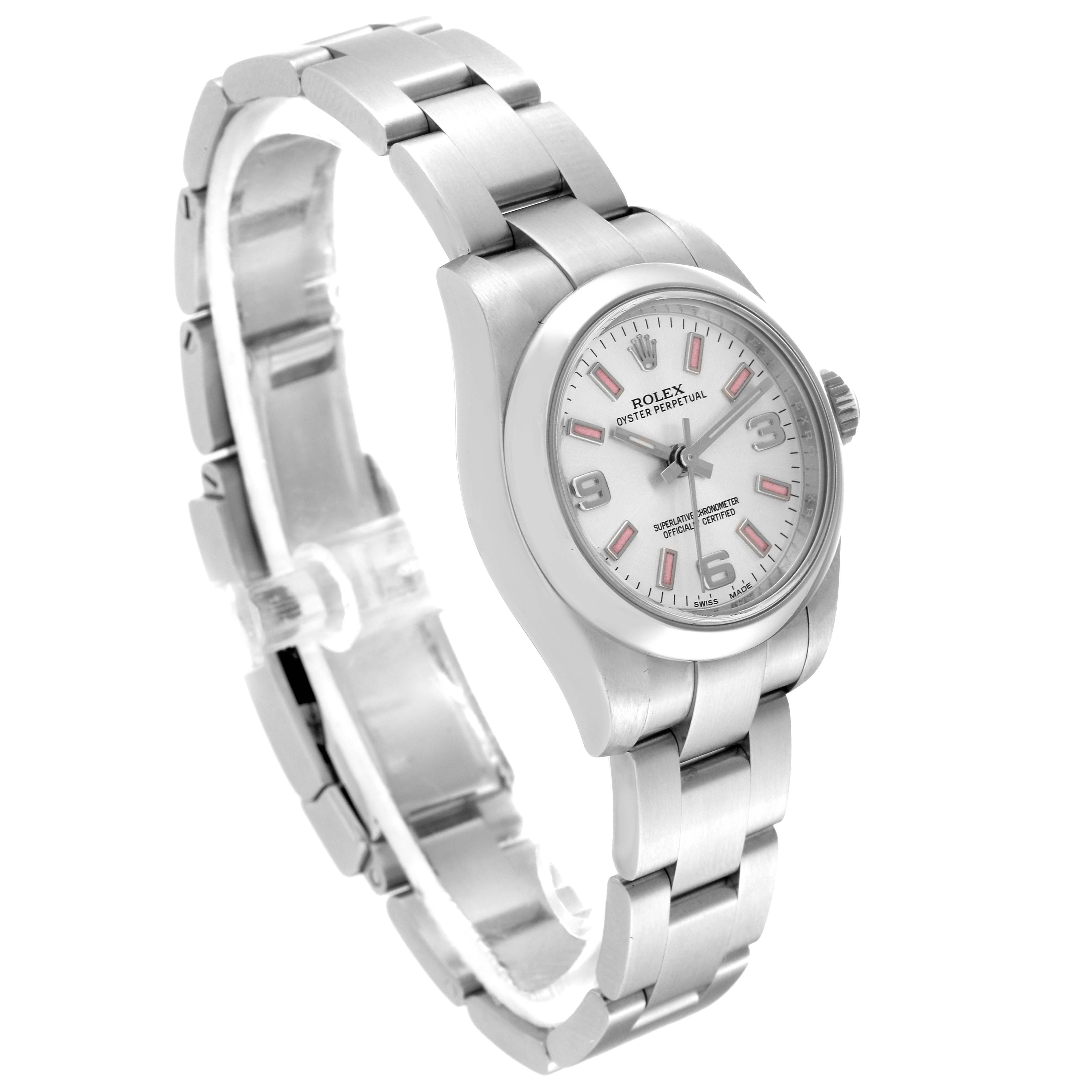 The Rolex Oyster Perpetual 176200 Women's Stainless Steel Silver Dial 176200 Women's Stainless Steel Silver Dial watch is shown at a three-quarter angle, displaying the face, crown, and metal bracelet.