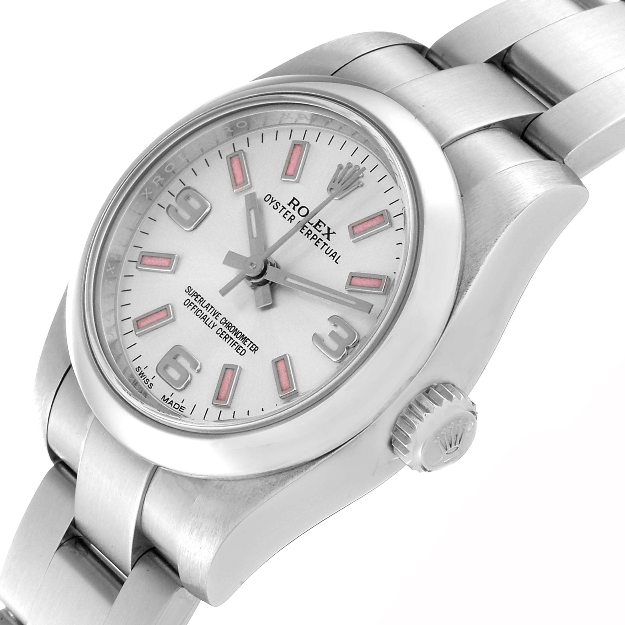 The Rolex Oyster Perpetual 176200 Women's Stainless Steel Silver Dial 176200 Women's Stainless Steel Silver Dial watch is shown at an angle highlighting the dial, bezel, crown, and part of the bracelet.